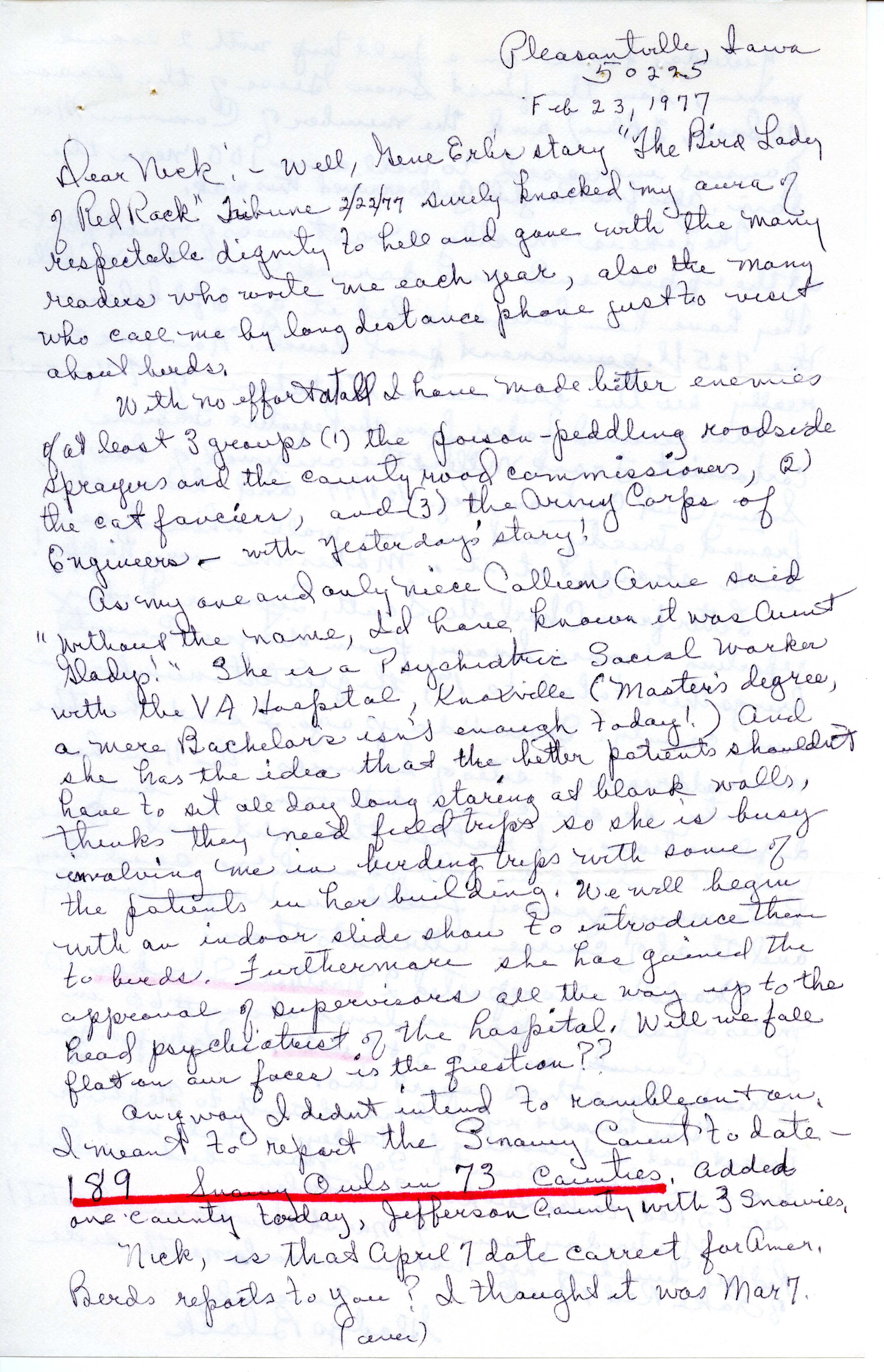 Gladys Black letter to Nicholas S. Halmi regarding bird counts, February 23, 1977