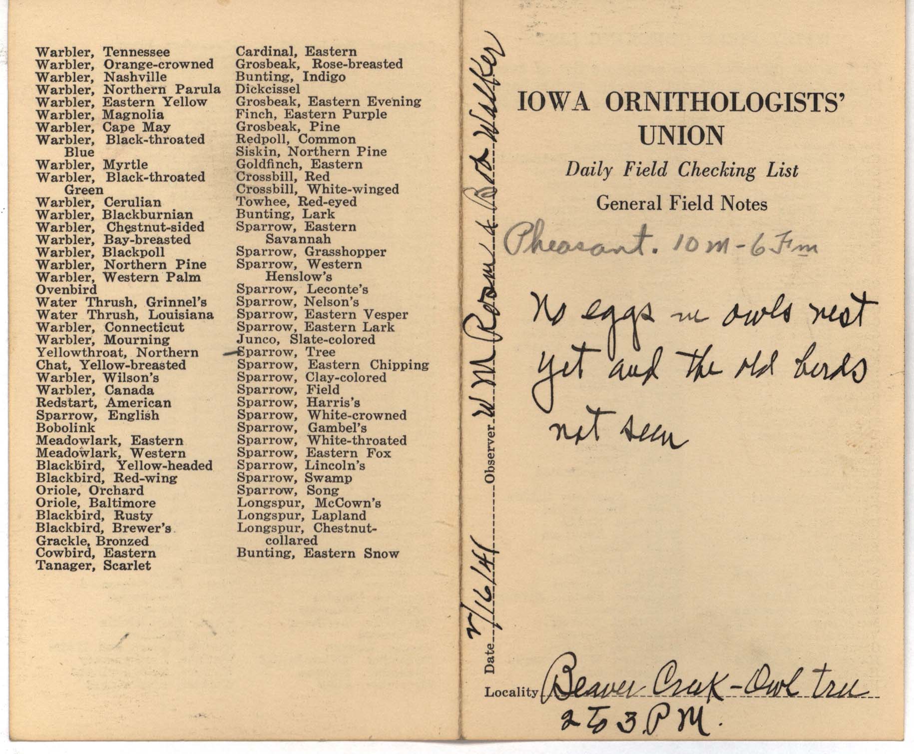 Daily field checking list by Walter Rosene, February 16, 1941