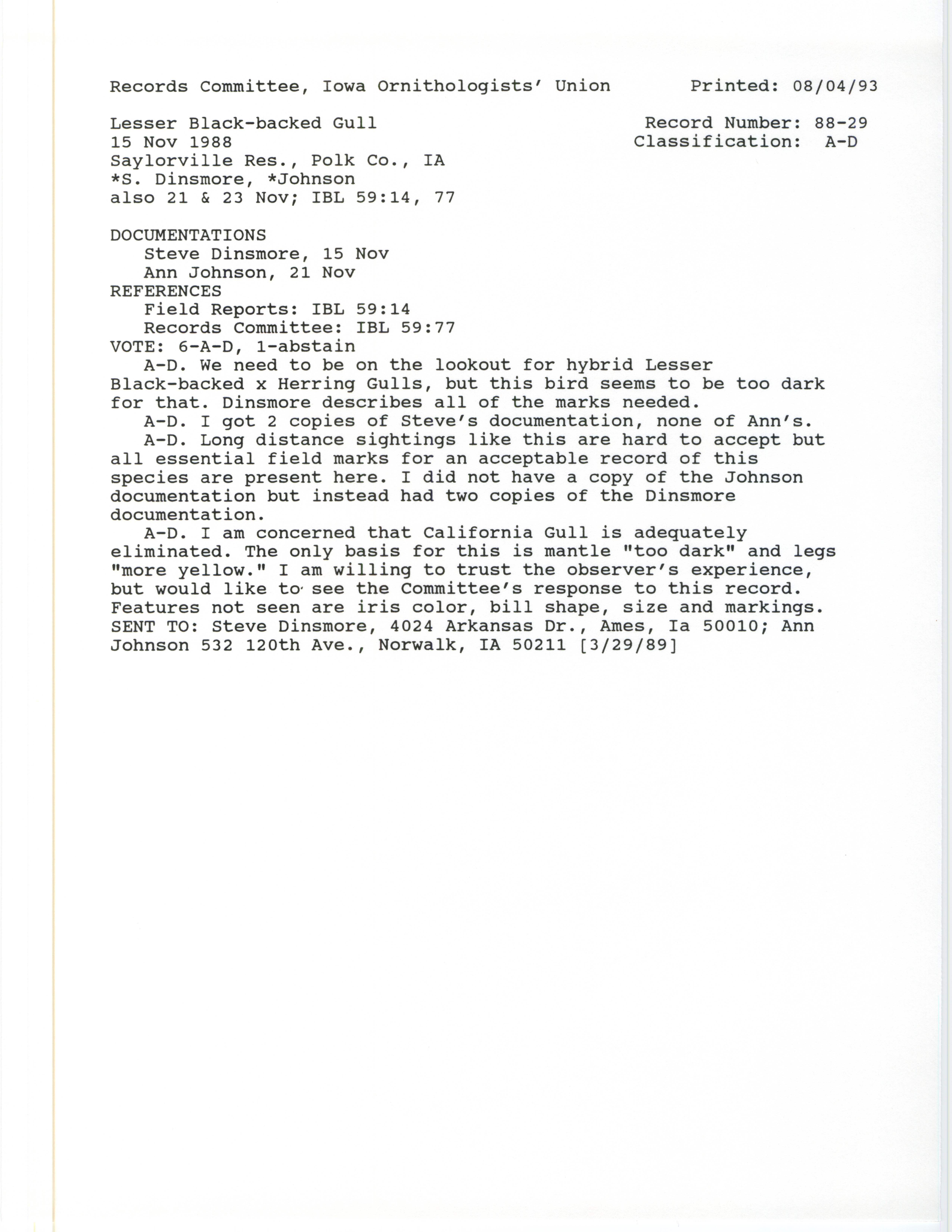 Records Committee review for rare bird sighting of Lesser Black-backed Gull near Jester Park at Saylorville Reservoir, 1988