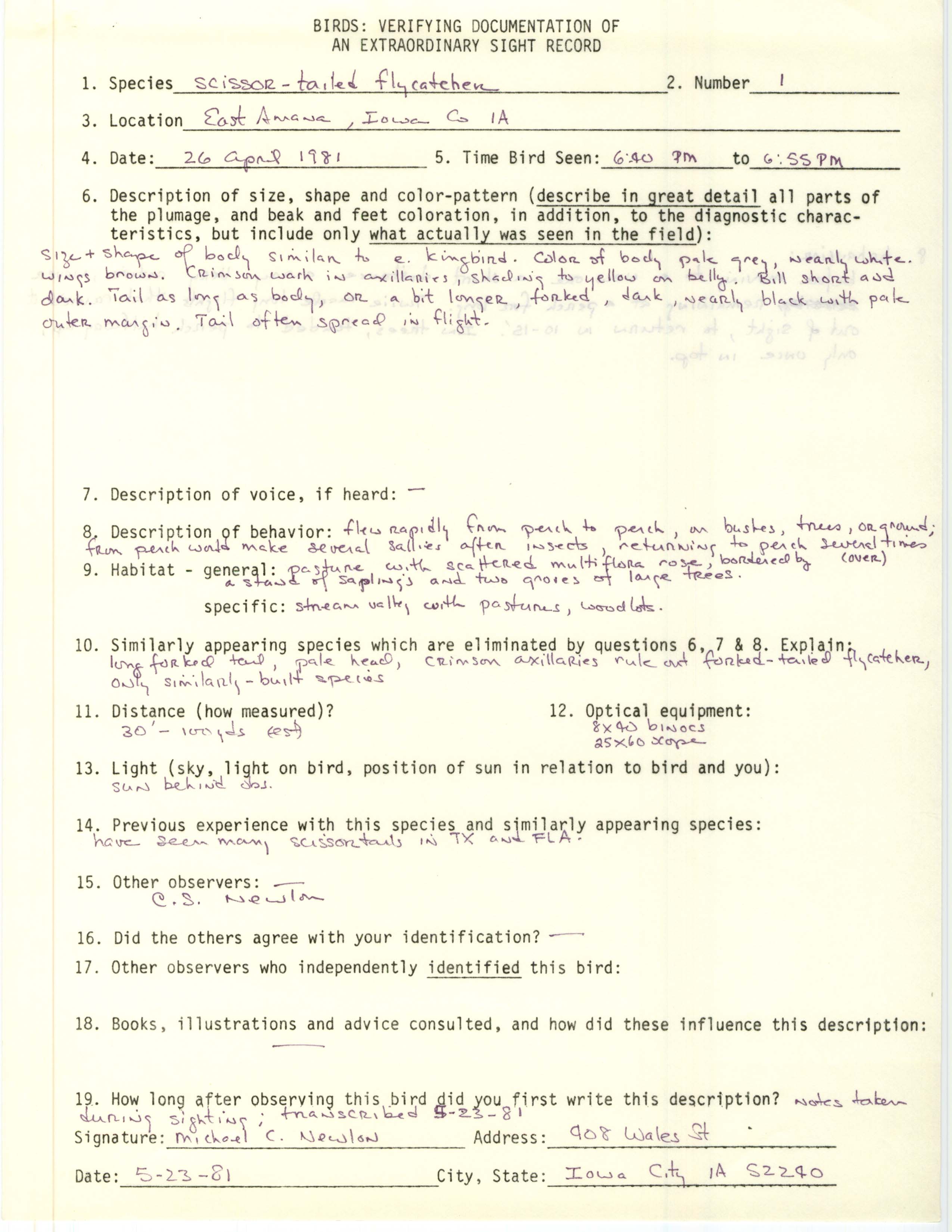 Rare bird documentation form for Scissor-tailed Flycatcher at East Amana, 1981