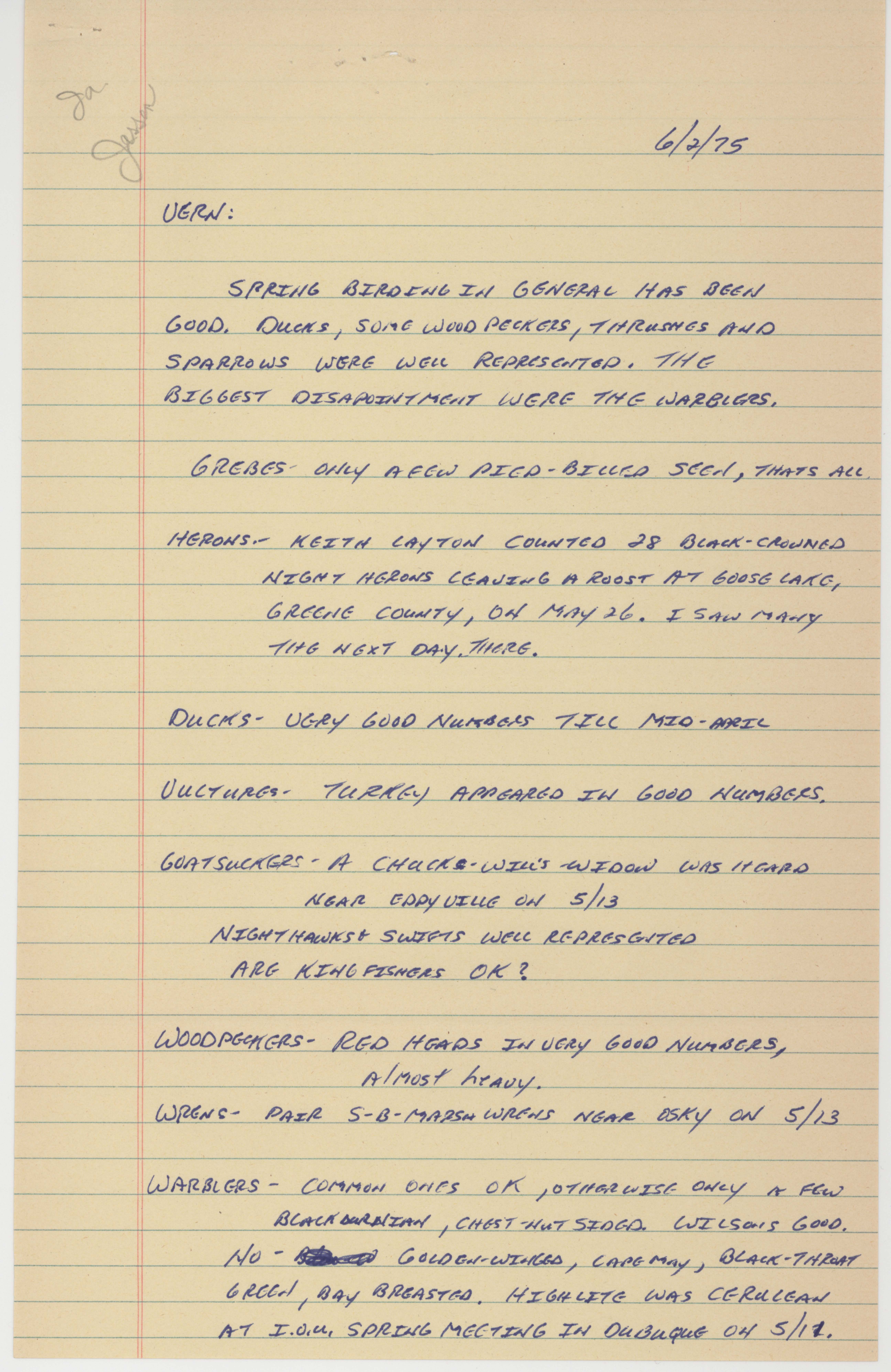 Robert Jessen letter to Vernon M. Kleen regarding spring birds sighted near Oskaloosa, June 2, 1975
