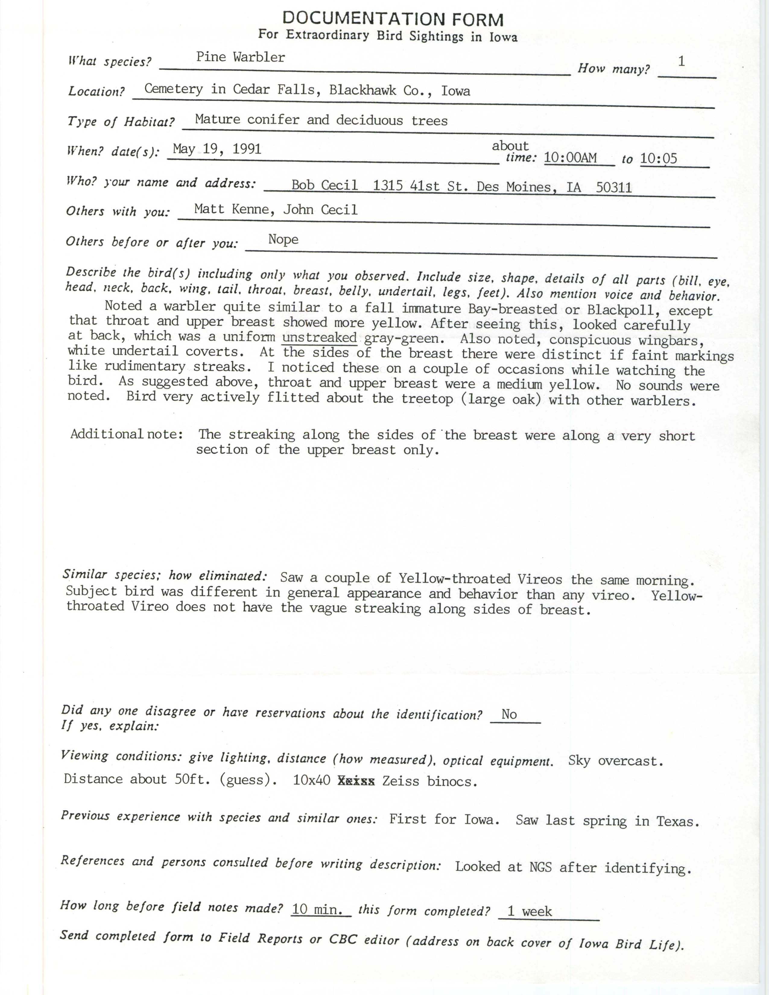 Rare bird documentation form for Pine Warbler at Cedar Falls, 1991