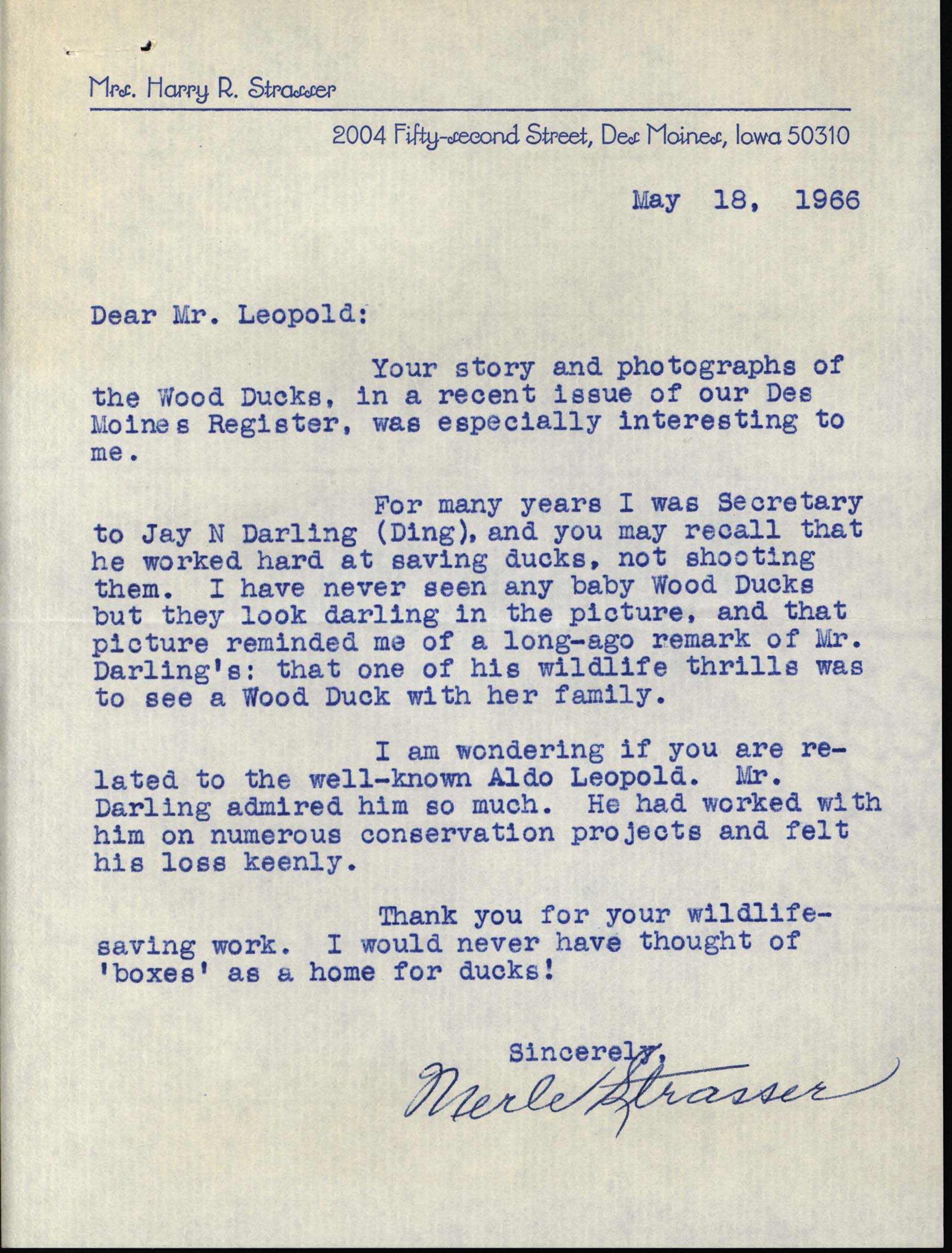 Merle Strasser letter to Frederic Leopold regarding Wood Ducks, May 18, 1966