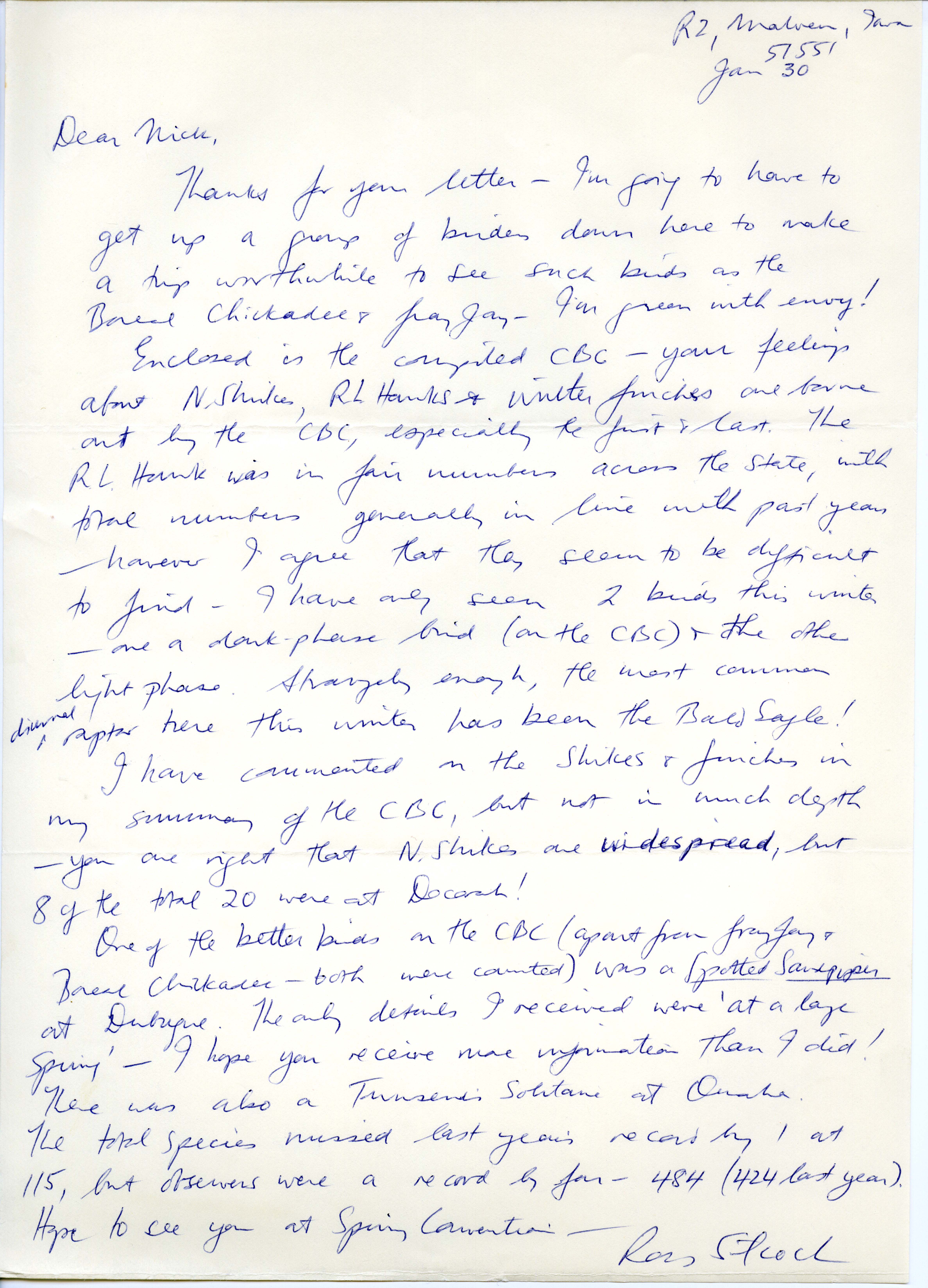 W. Ross Silcock letter to Nicholas S. Halmi regarding highlights of the Christmas bird count, January 30, 1977