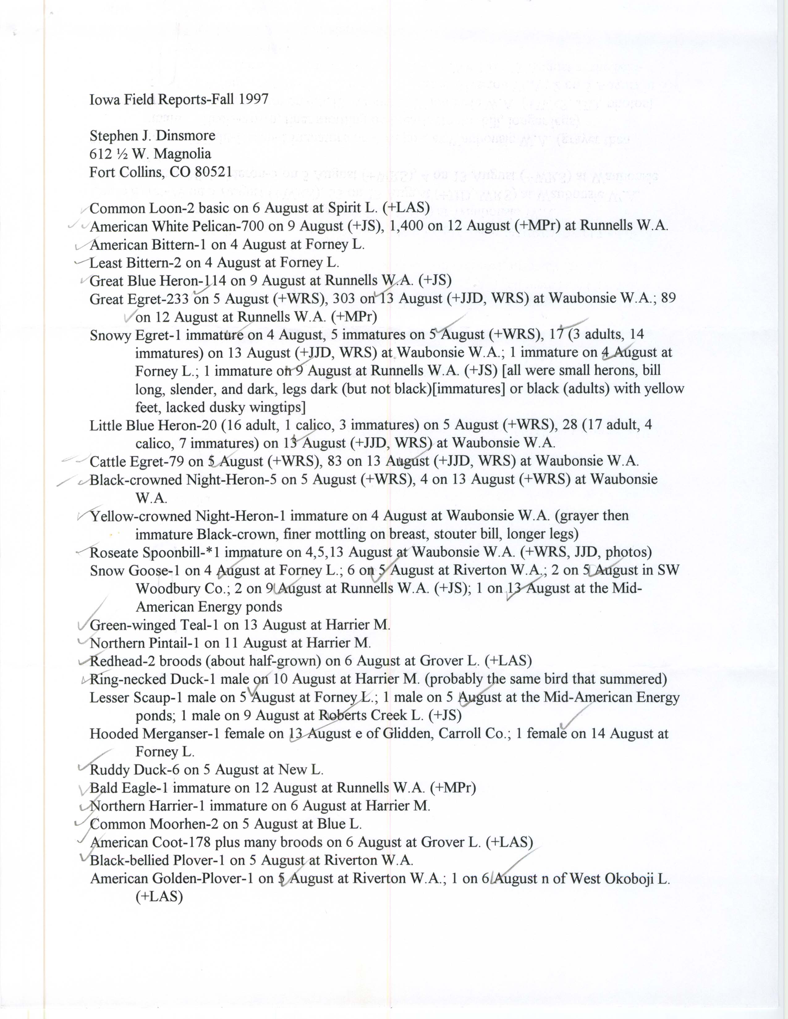 Iowa field reports contributed by Stephen J. Dinsmore, fall 1997