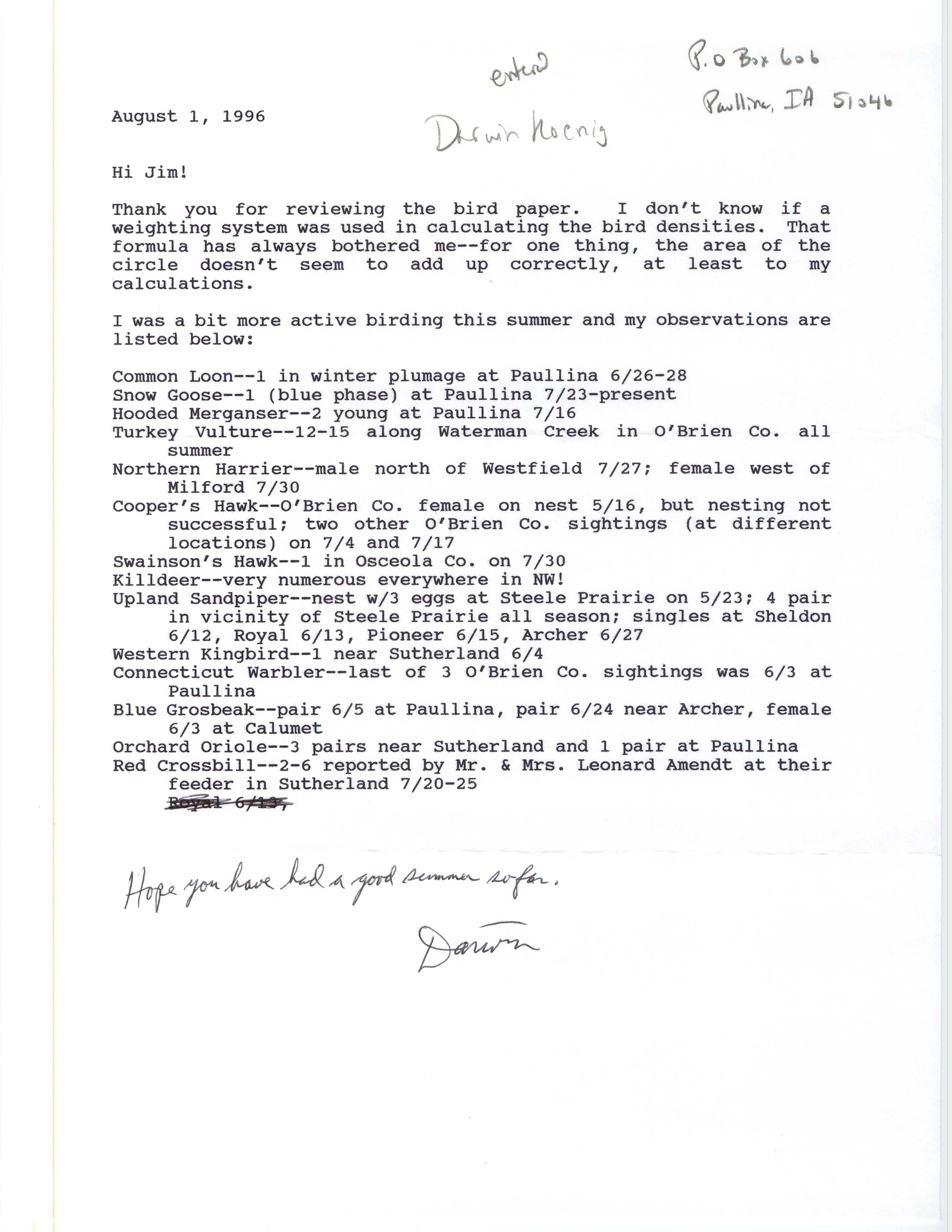 Field notes and Darwin Koenig letter to James J. Dinsmore, August 1, 1996