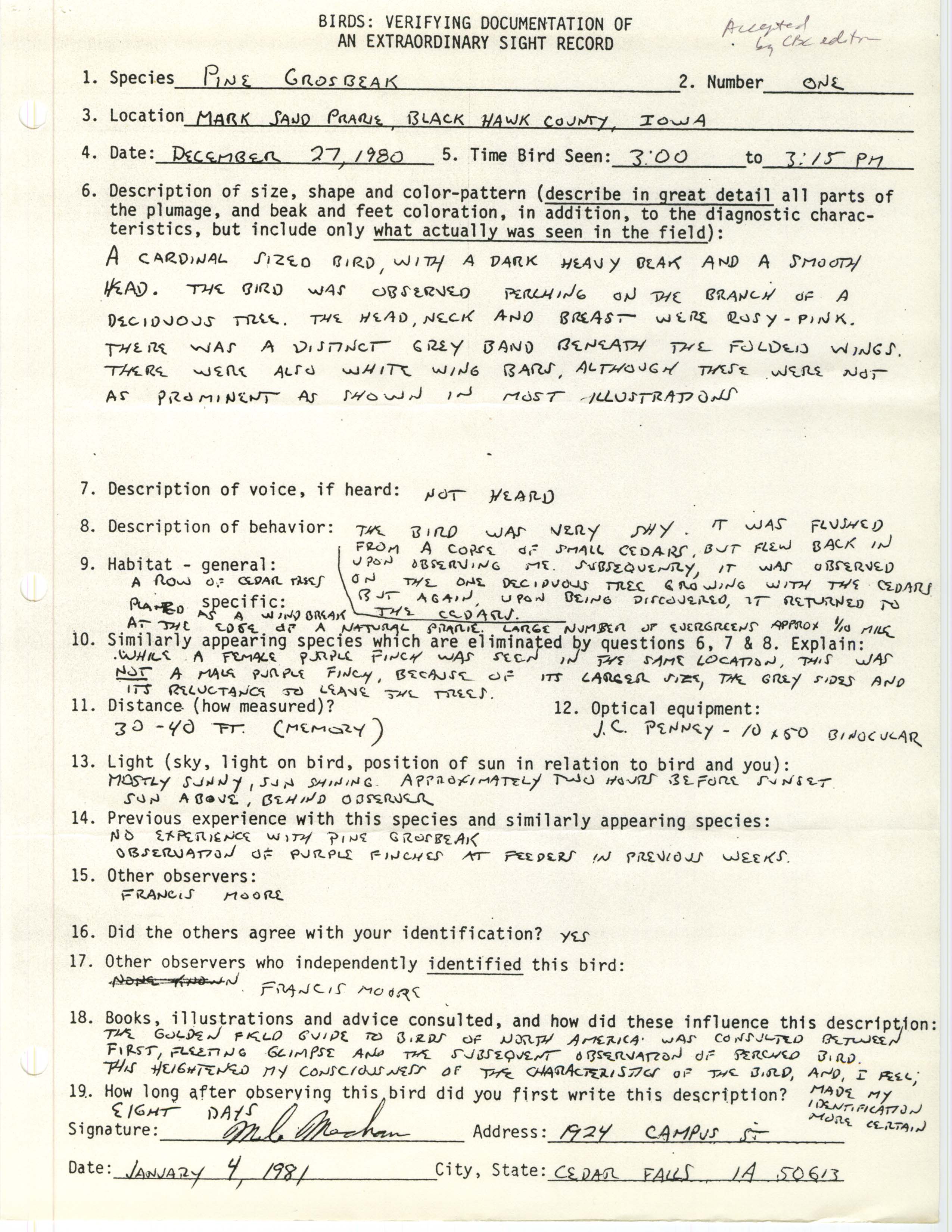 Rare bird documentation form for Pine Grosbeak at Mark Sand Prairie, 1980