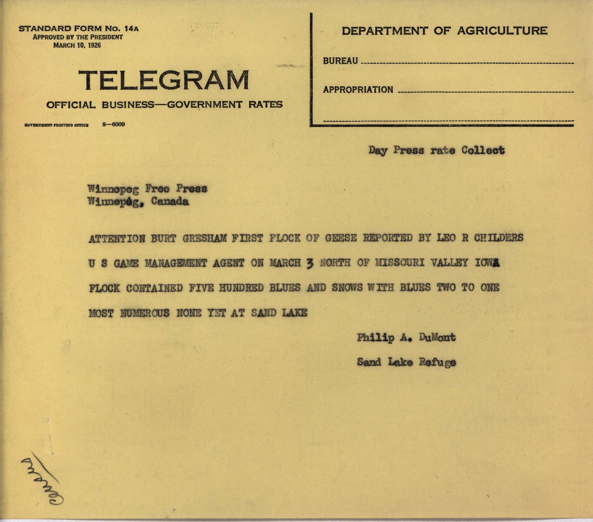 Philip DuMont telegram to Burt Gresham regarding Goose migration, March 1938