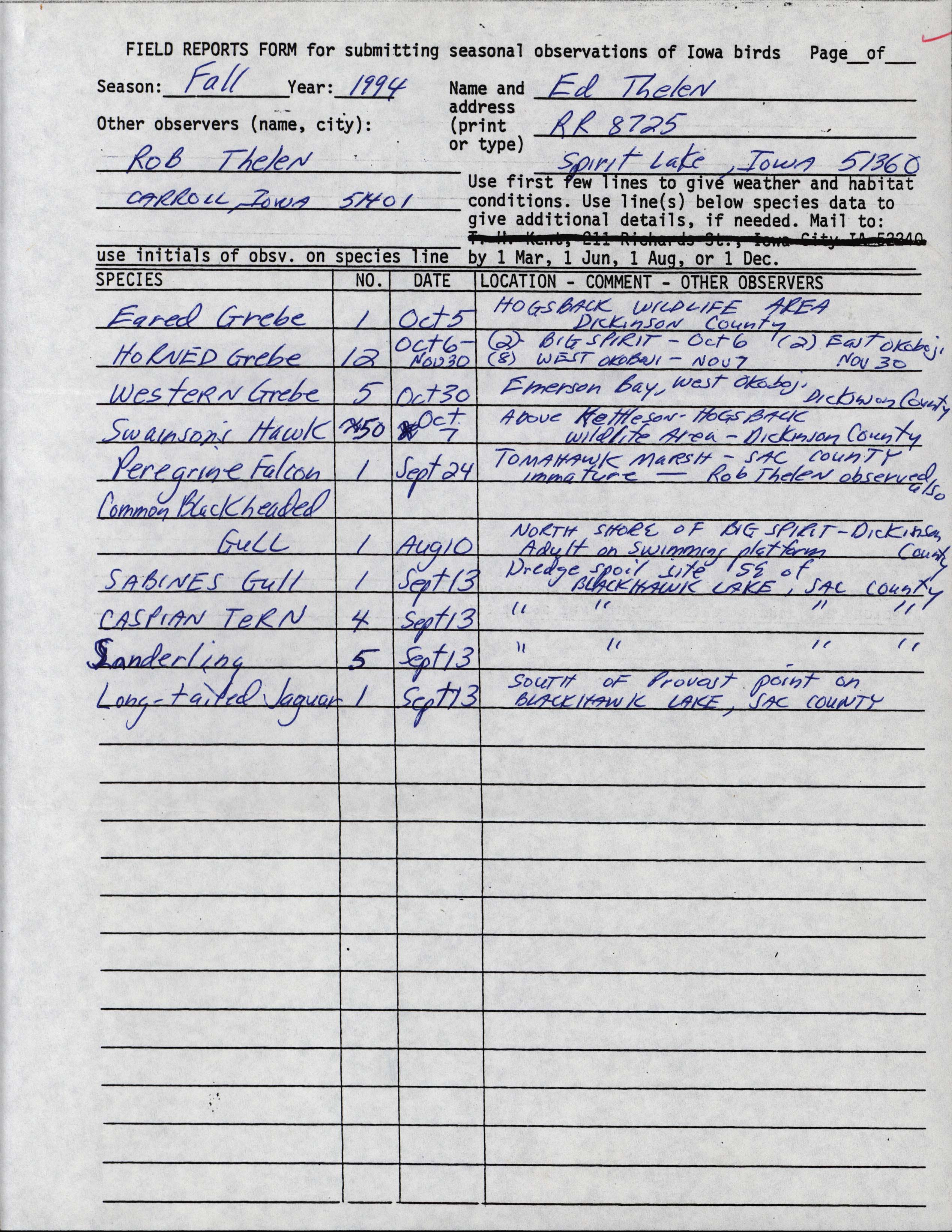 Field reports form for submitting seasonal observations of Iowa birds, Ed Thelen, fall 1994