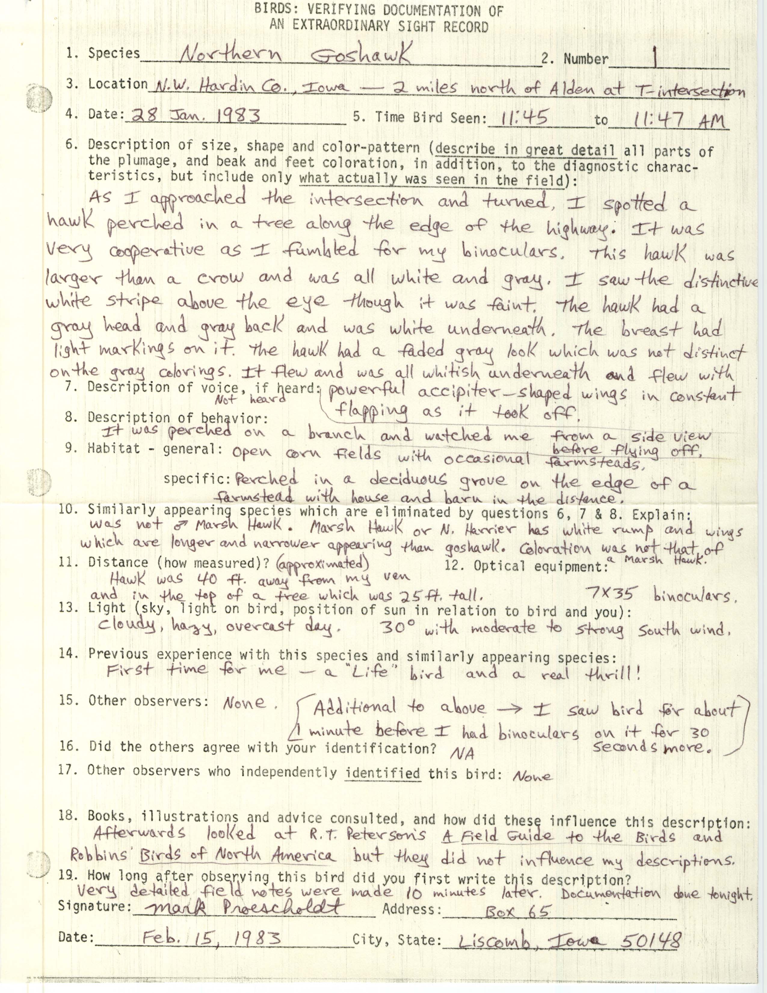 Rare bird documentation form for Northern Goshawk at Alden, 1983