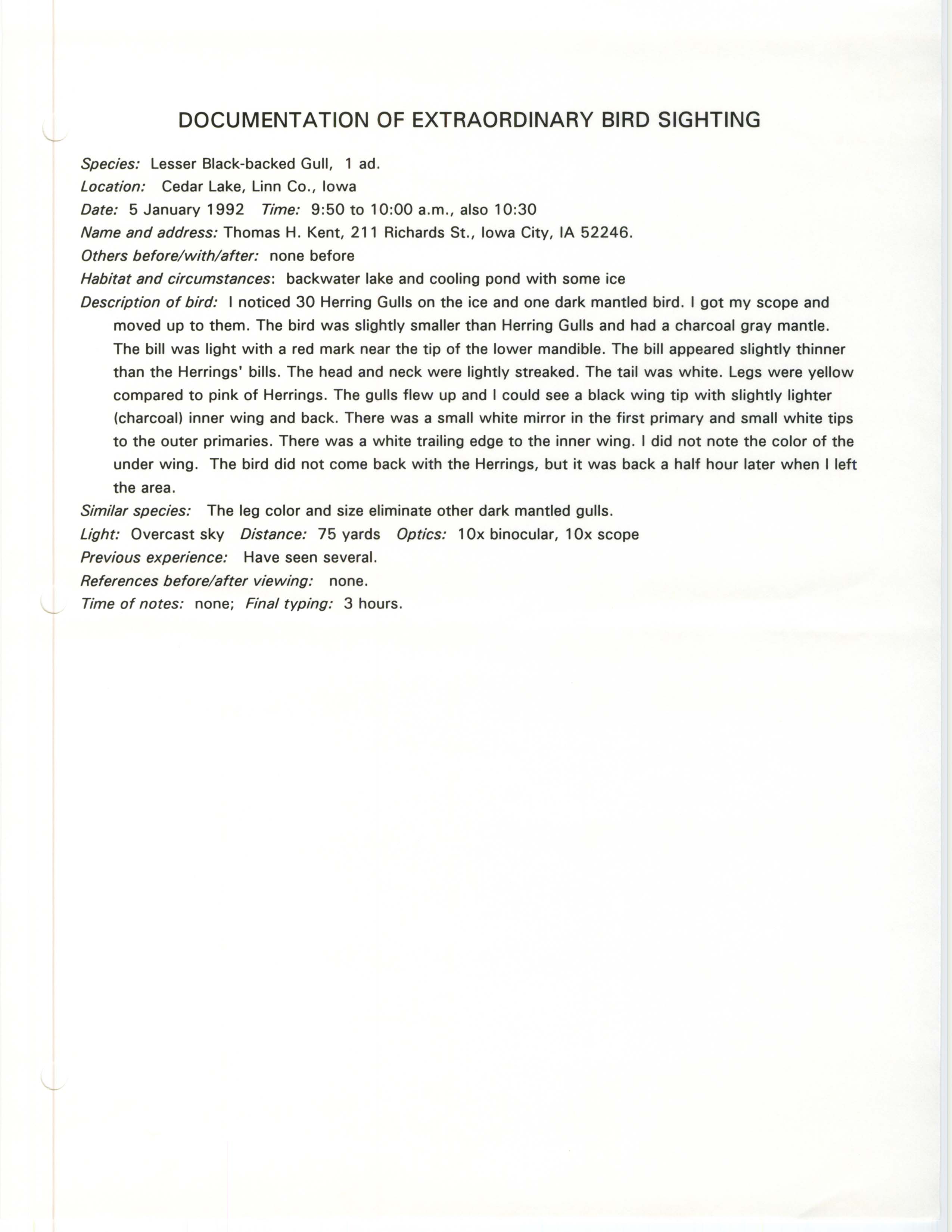 Rare bird documentation form for Lesser Black-backed Gull at Cedar Lake, 1992