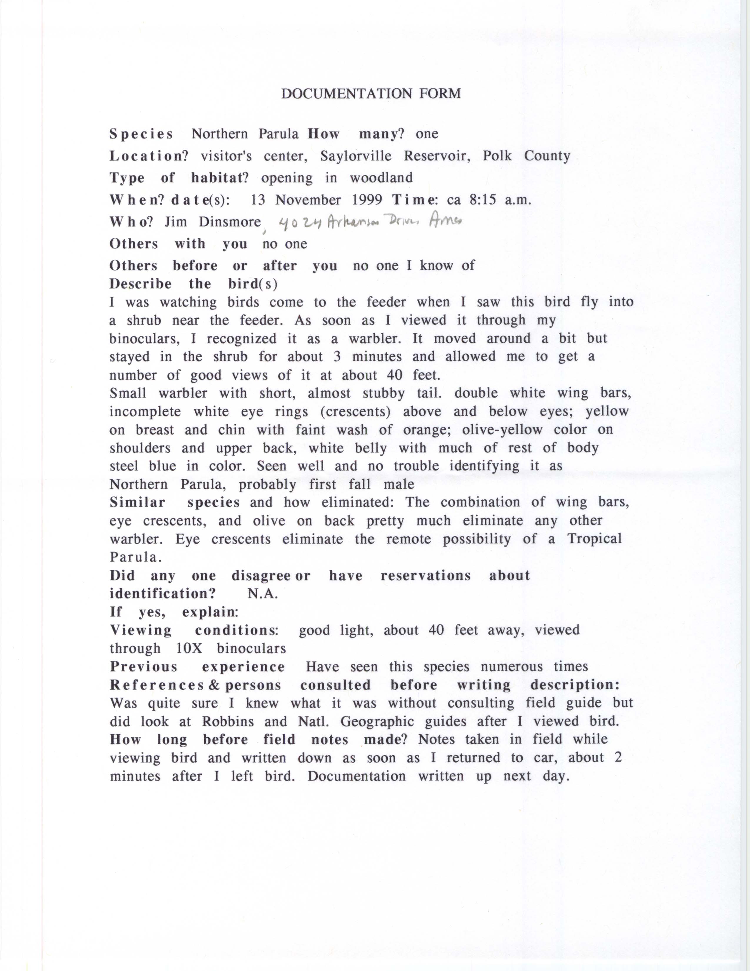 Rare bird documentation form for Northern Parula at Saylorville Reservoir, 1999