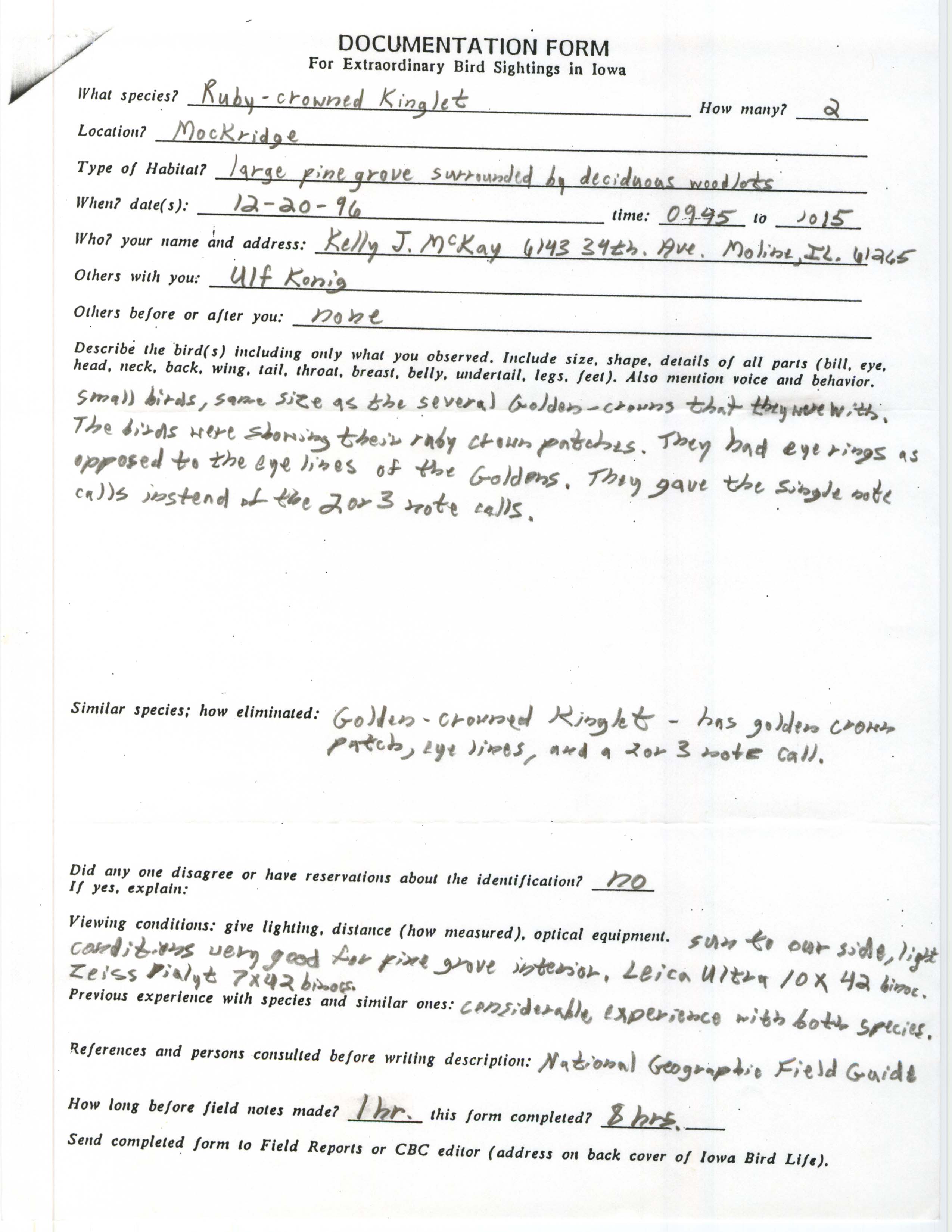 Rare bird documentation form for Ruby-crowned Kinglet at Mockridge County Wildlife Preserve, 1996