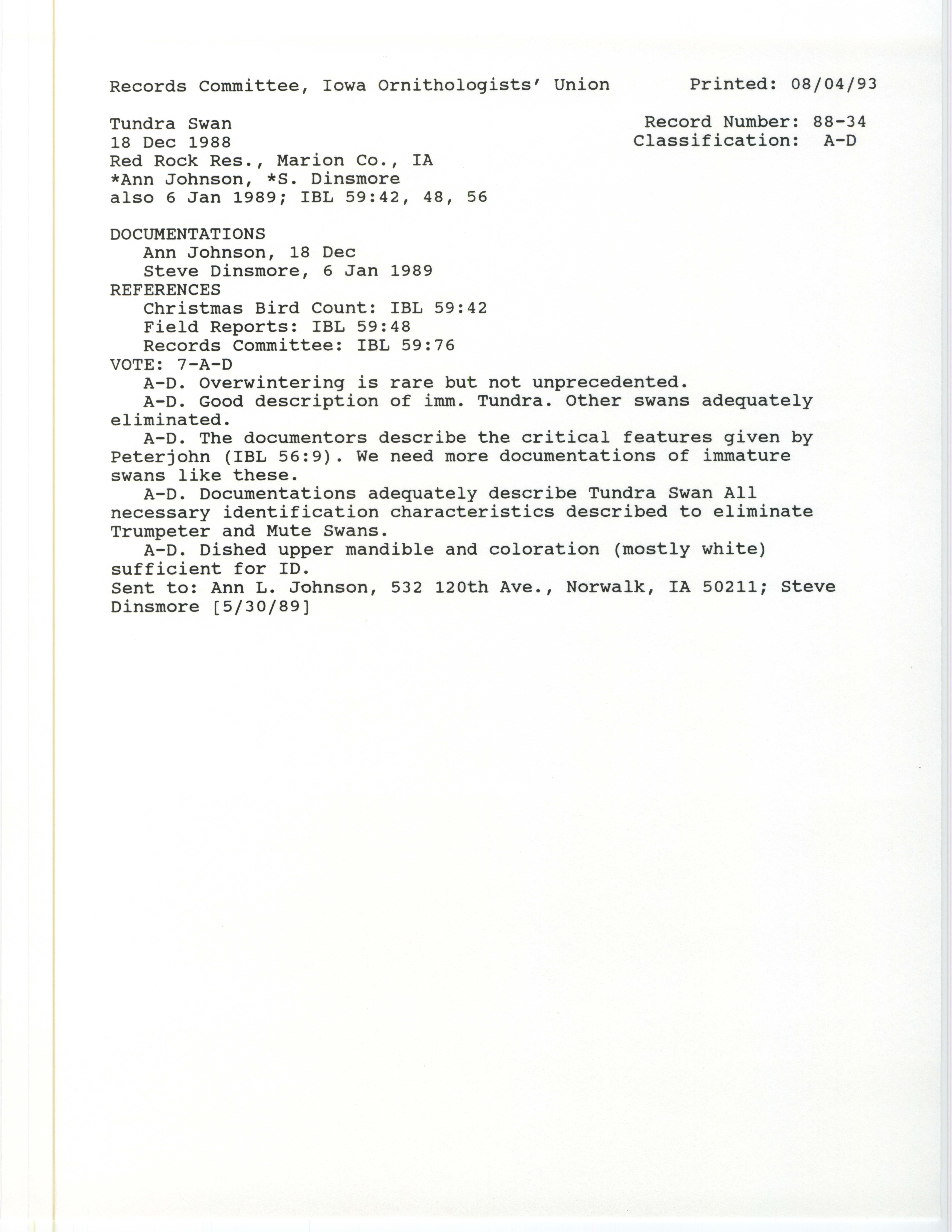 Records Committee review for rare bird sighting of Tundra Swan at Red Rock Reservoir, 1988