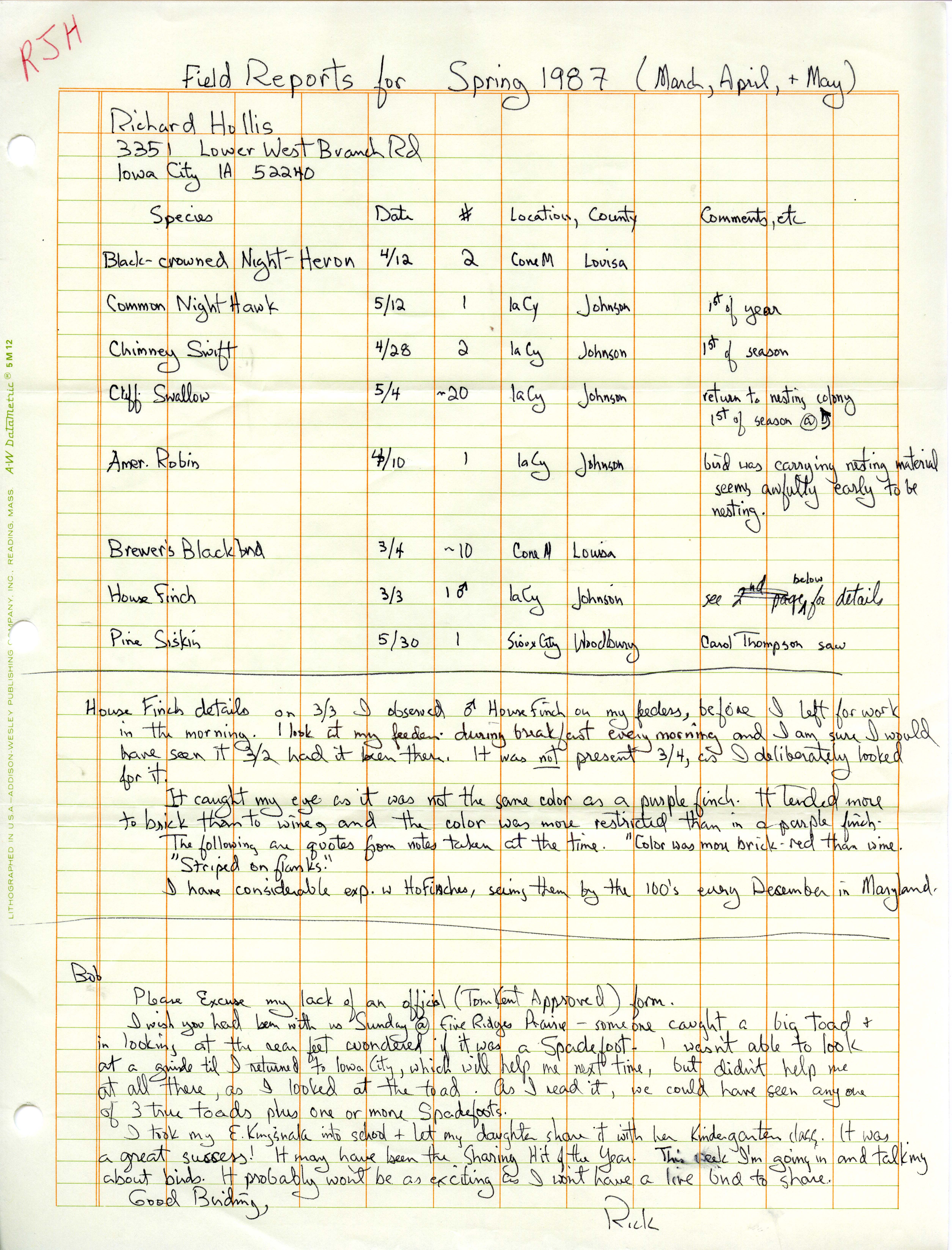 Field notes contributed by Richard Jule Hollis, spring 1987