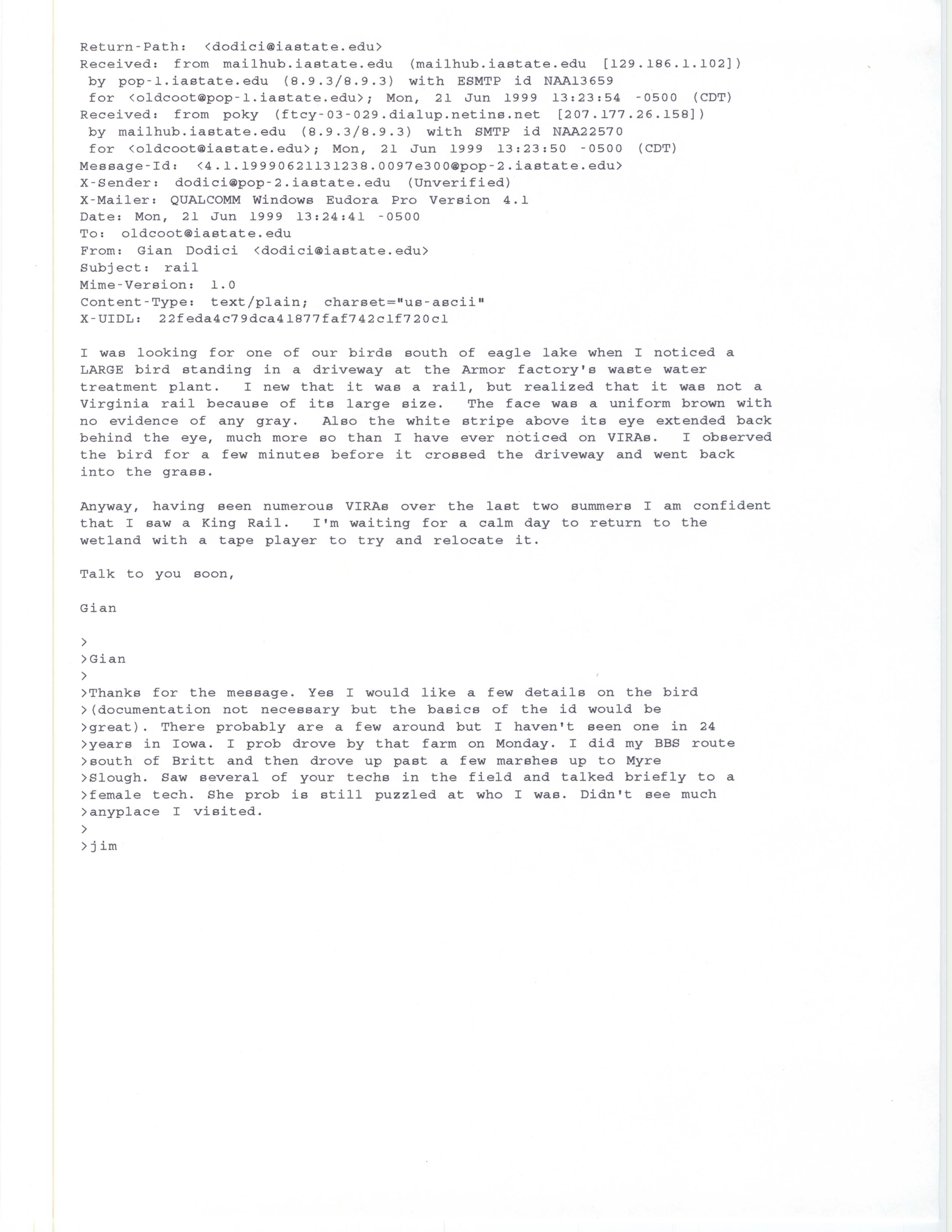 Gian Dodici email to Jim Dinsmore regarding King Rail details, June 20, 1999
