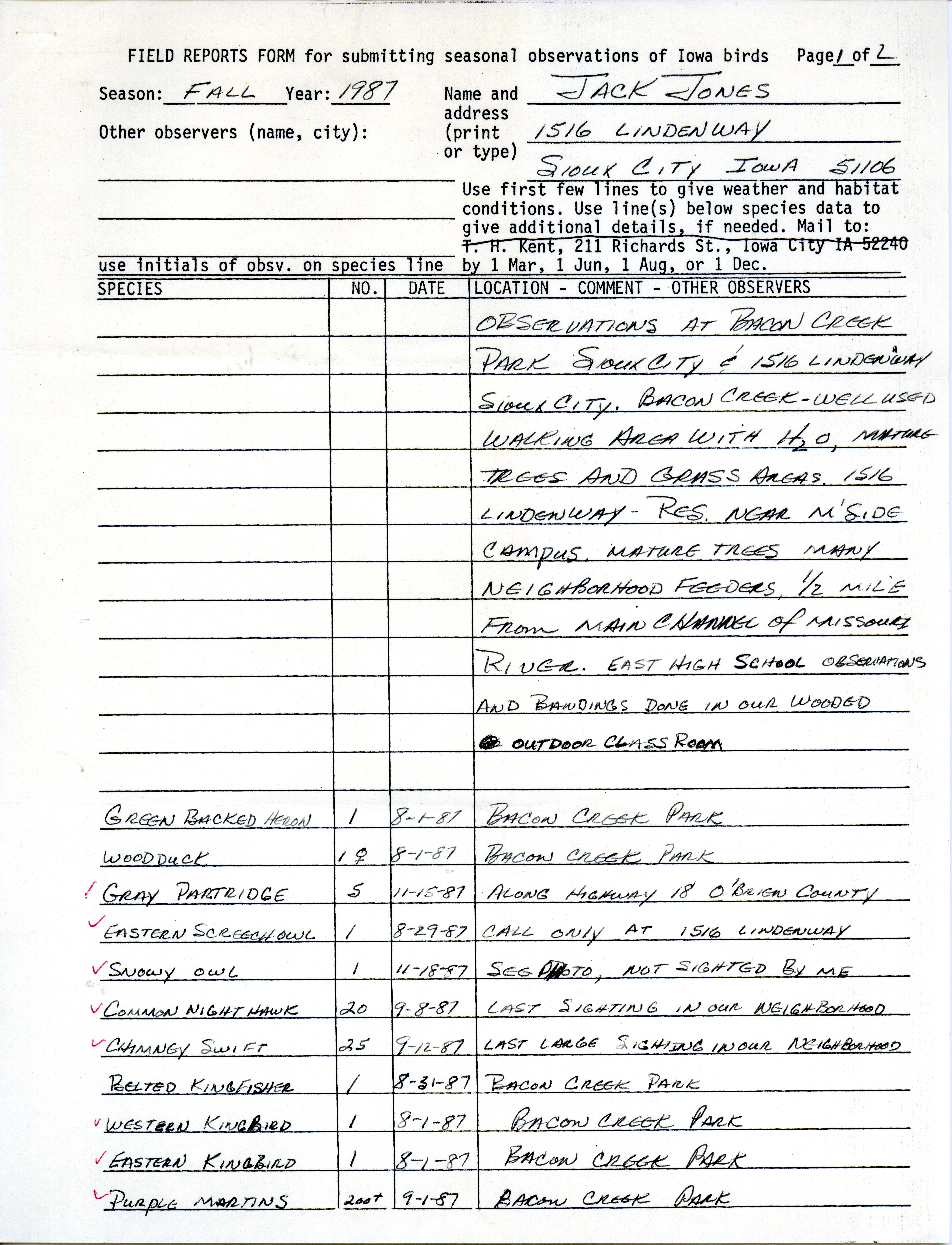 Field reports form for submitting seasonal observations of Iowa birds and photograph of a Snowy Owl, Jack Jones, fall 1987