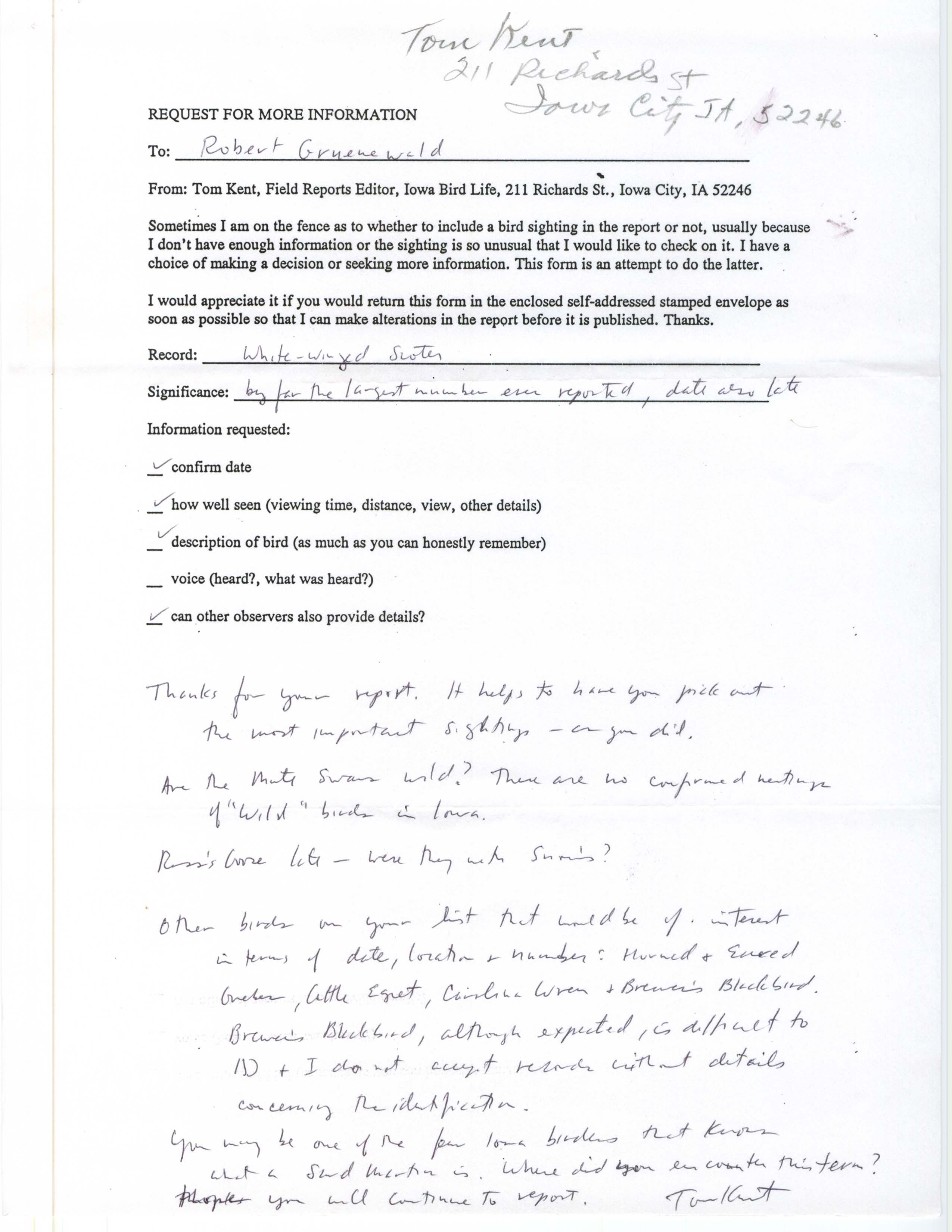 Thomas Kent letter to Robert Gruenewald regarding request for more information, spring 1998