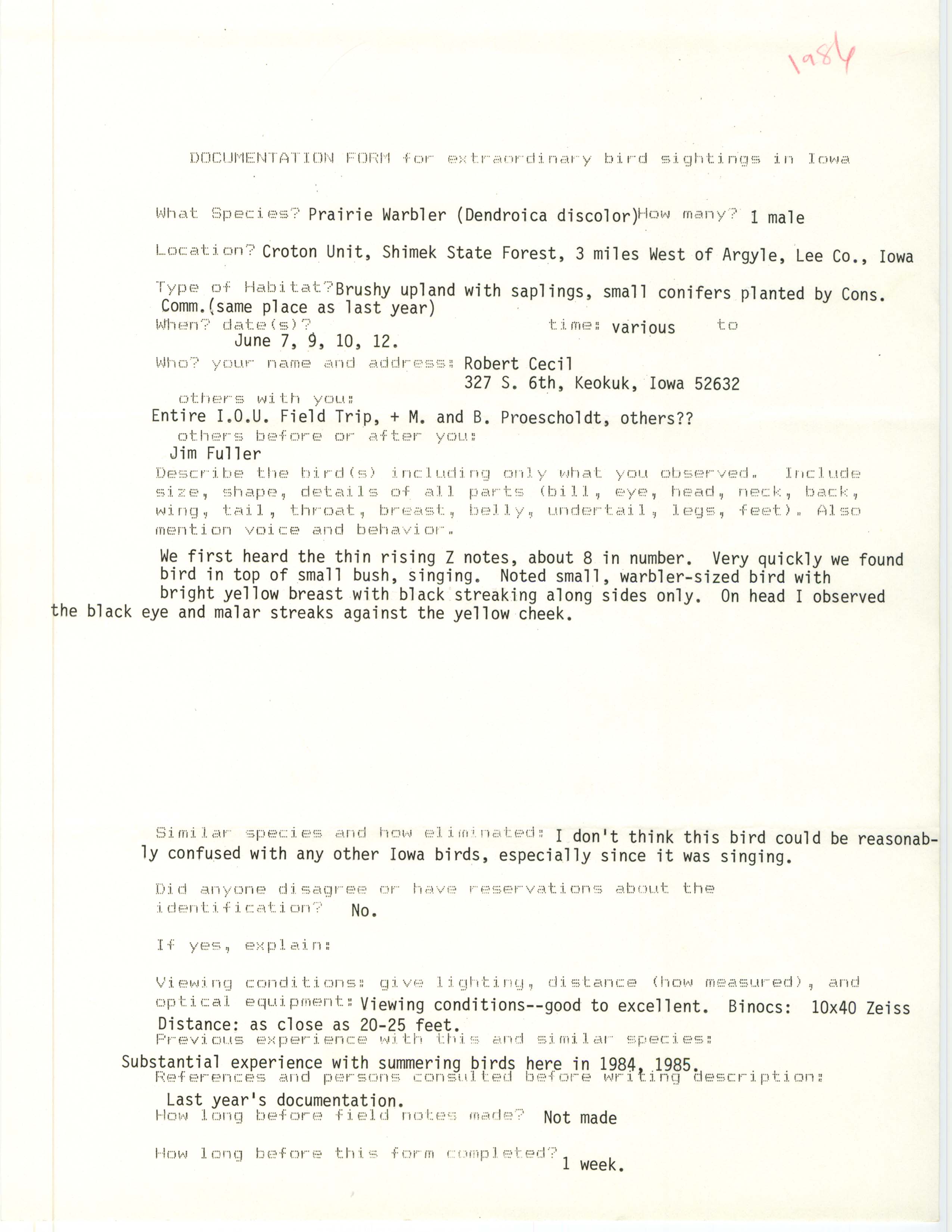 Rare bird documentation form for Prairie Warbler at Croton Unit in Shimek State Forest in 1986