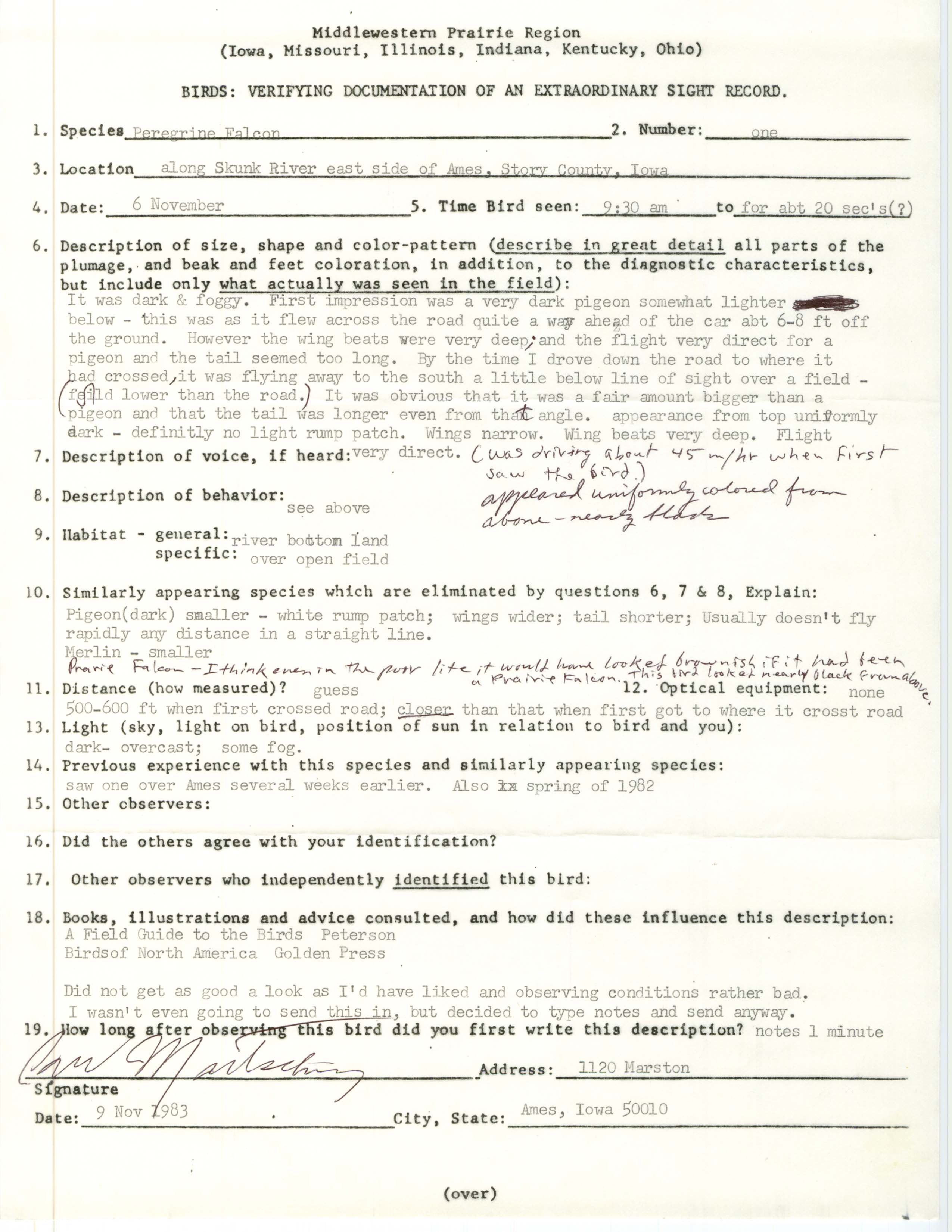 Rare bird documentation form for Peregrine Falcon along the Skunk River in Ames, 1983