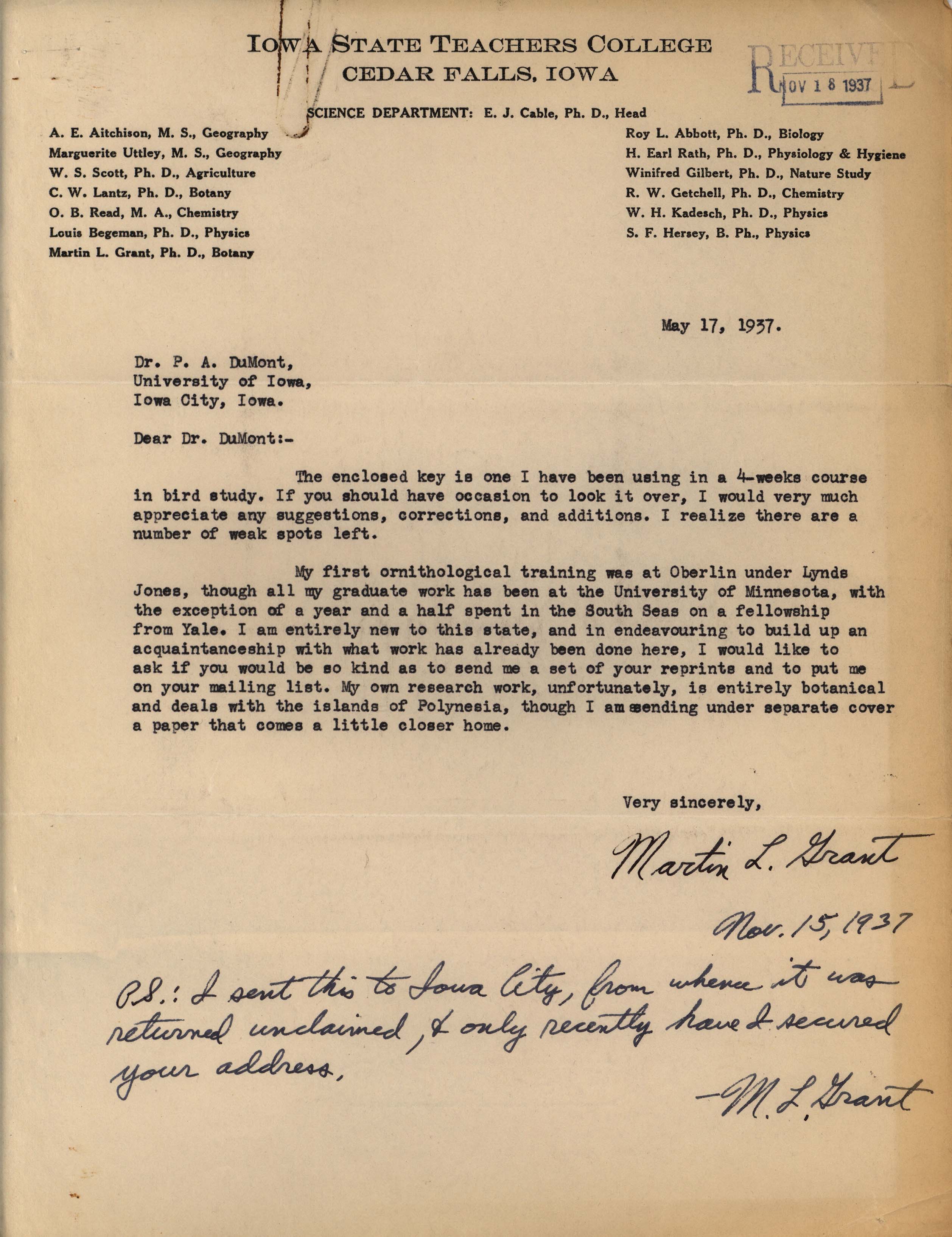 Martin Grant letter to Philip DuMont regarding identification key, May 17, 1937