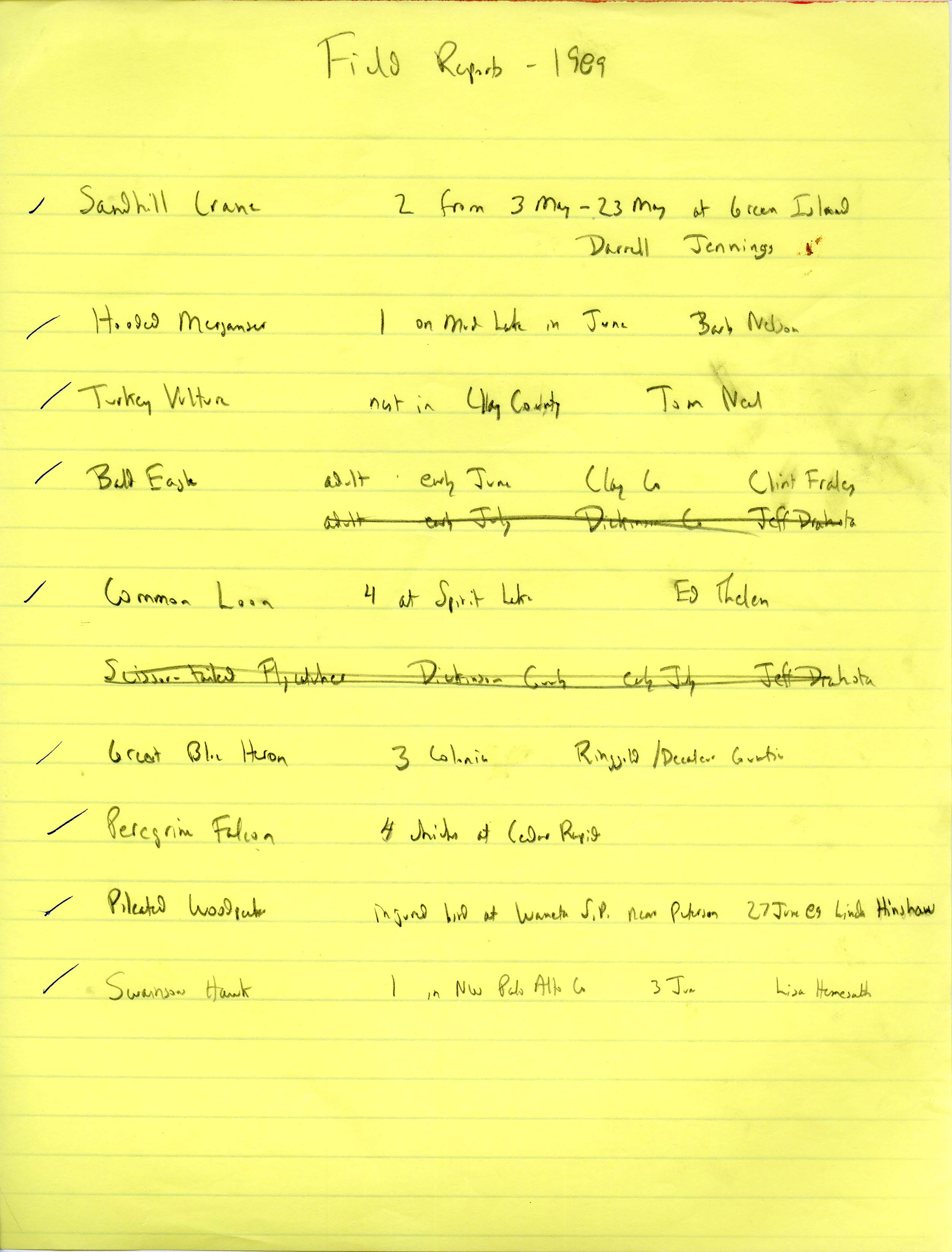 Field notes contributed by multiple observers, summer 1989