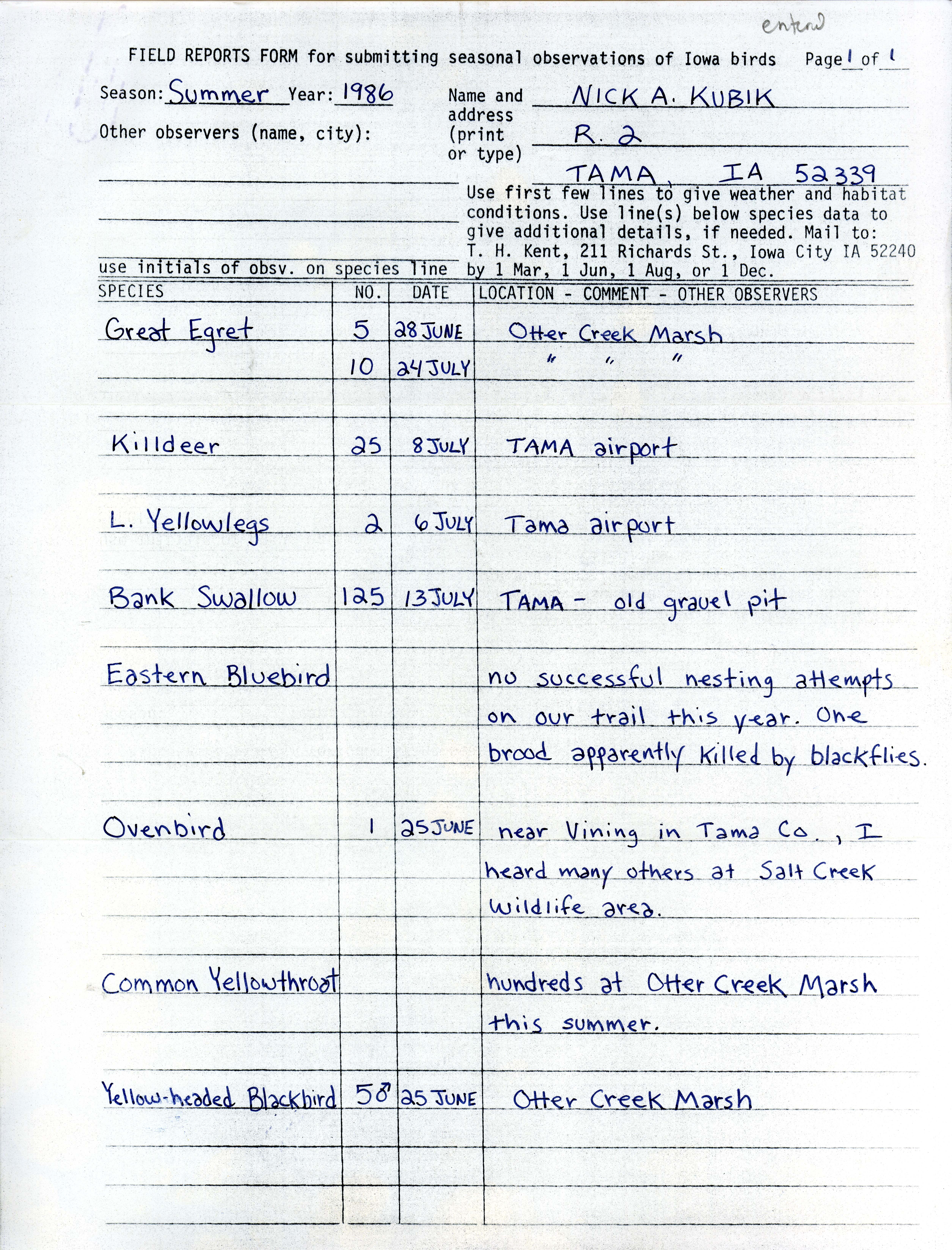 Field reports form for submitting seasonal observations of Iowa birds, Nicholas A. Kubrik, summer 1986