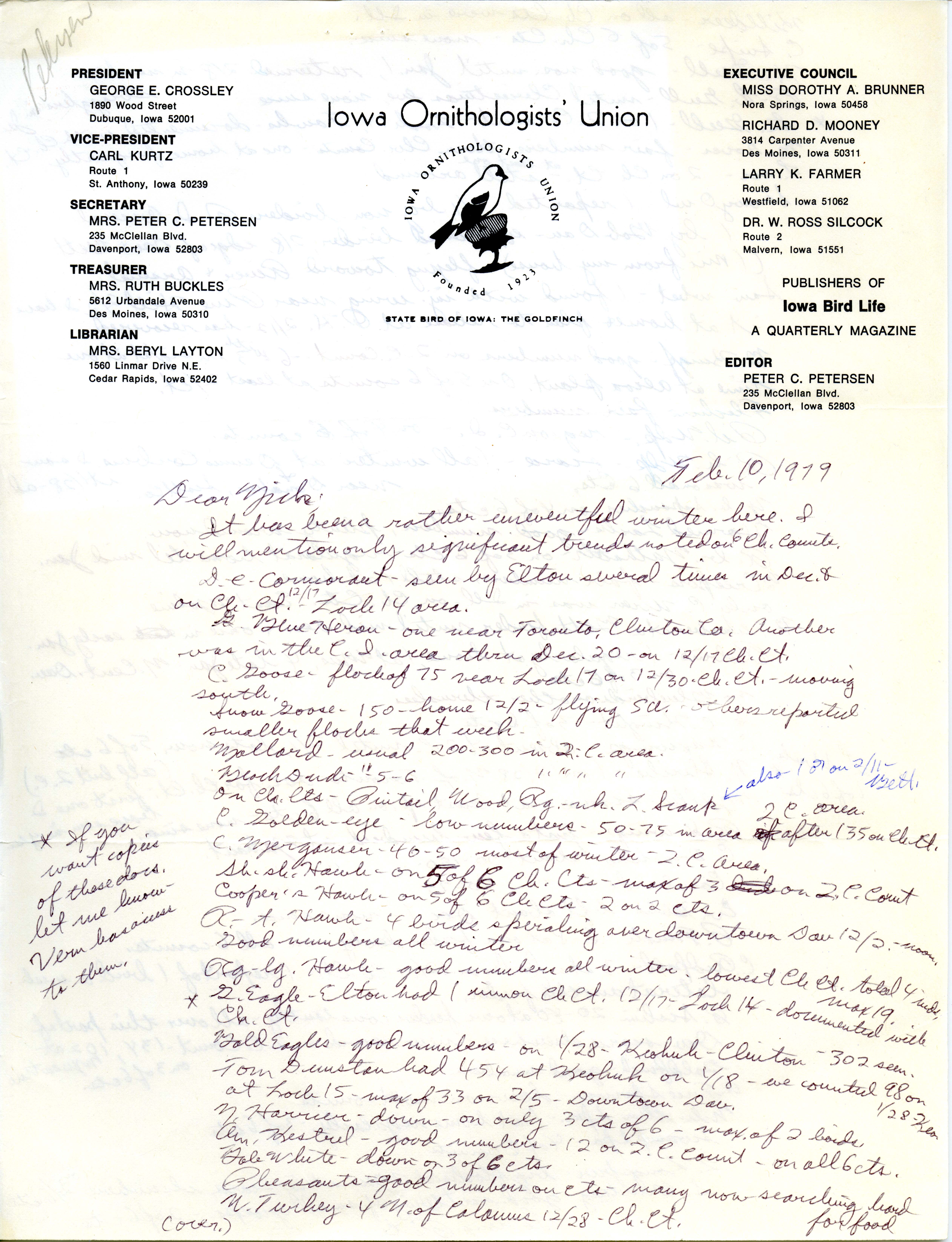 Peter C. Petersen letter to Nicholas S. Halmi regarding winter bird sightings, February 10, 1979