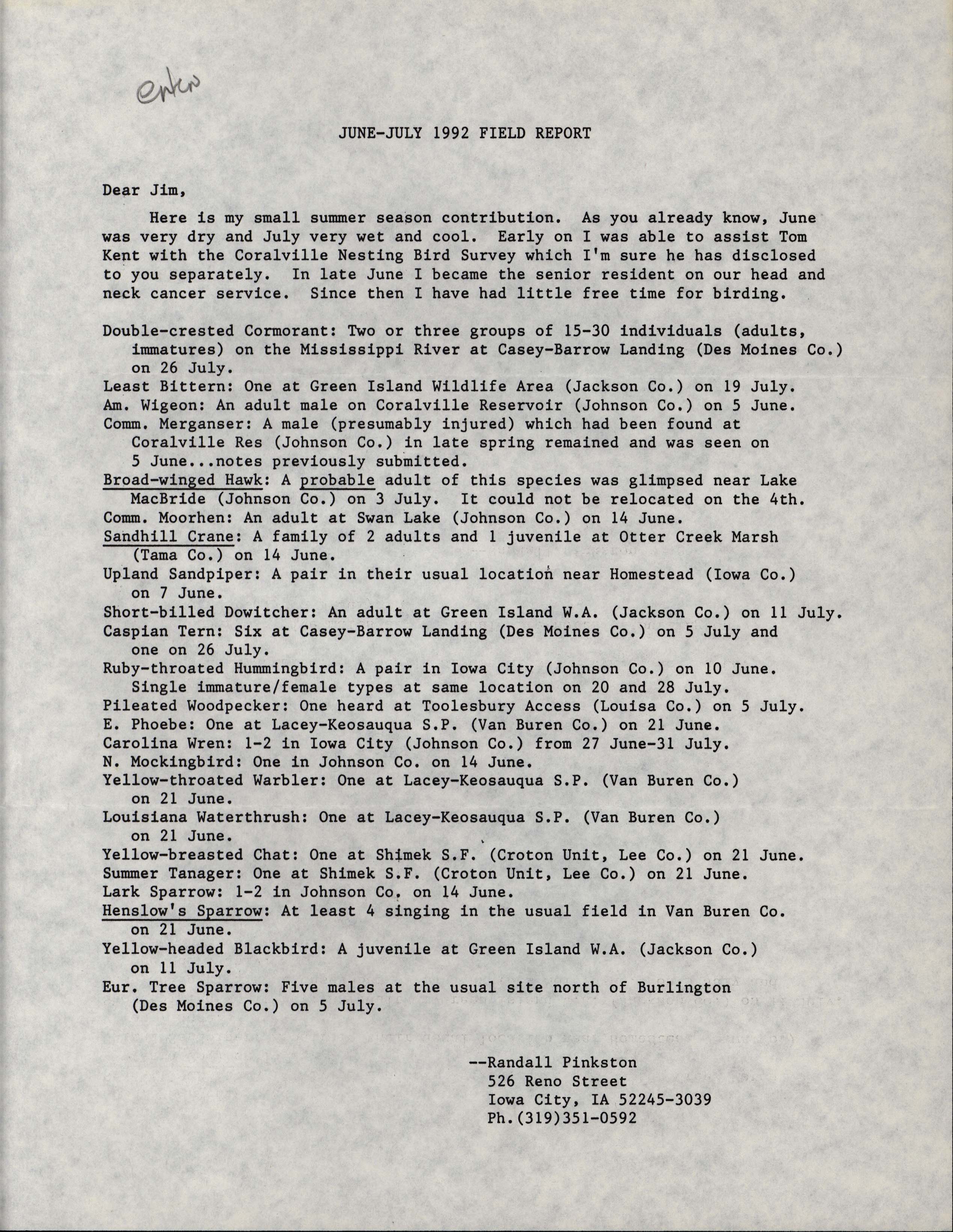 Randall Pinkston letter to James J. Dinsmore regarding summer bird sightings, summer 1992