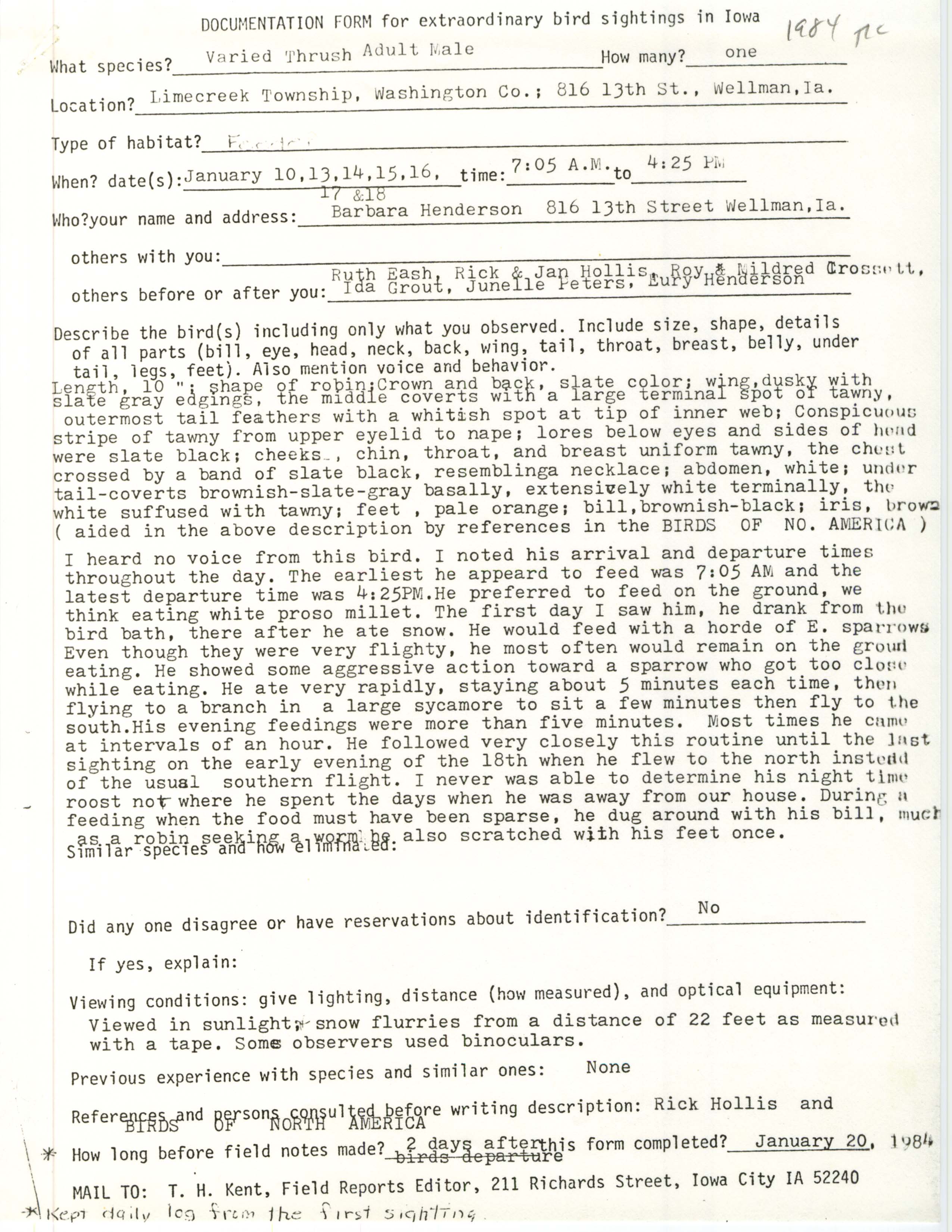 Rare bird documentation form for Varied Thrush at Lime Creek Township in Washington County in 1984