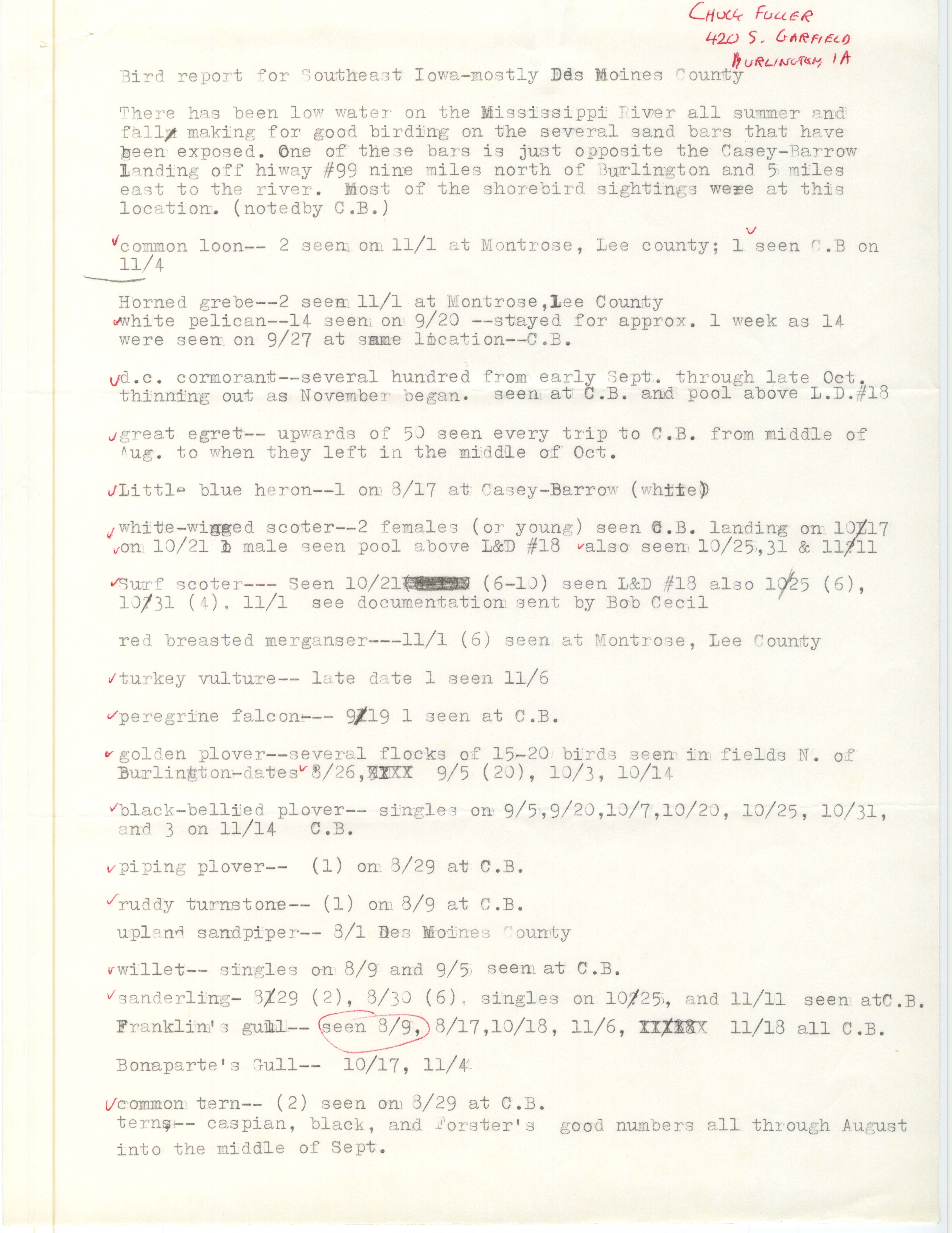 Field notes contributed by Charles Fuller, fall 1987
