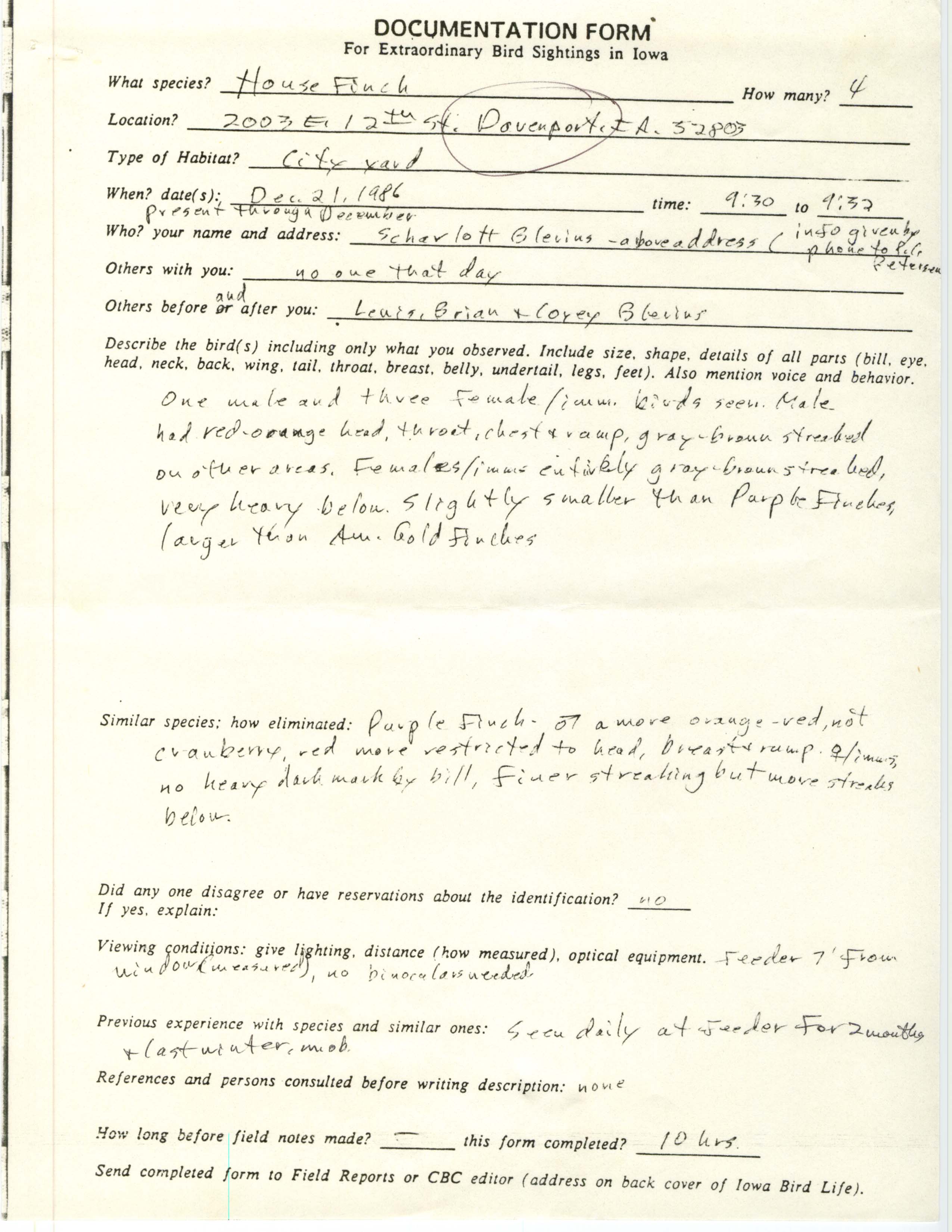 Rare bird documentation form for House Finch at Davenport, 1986