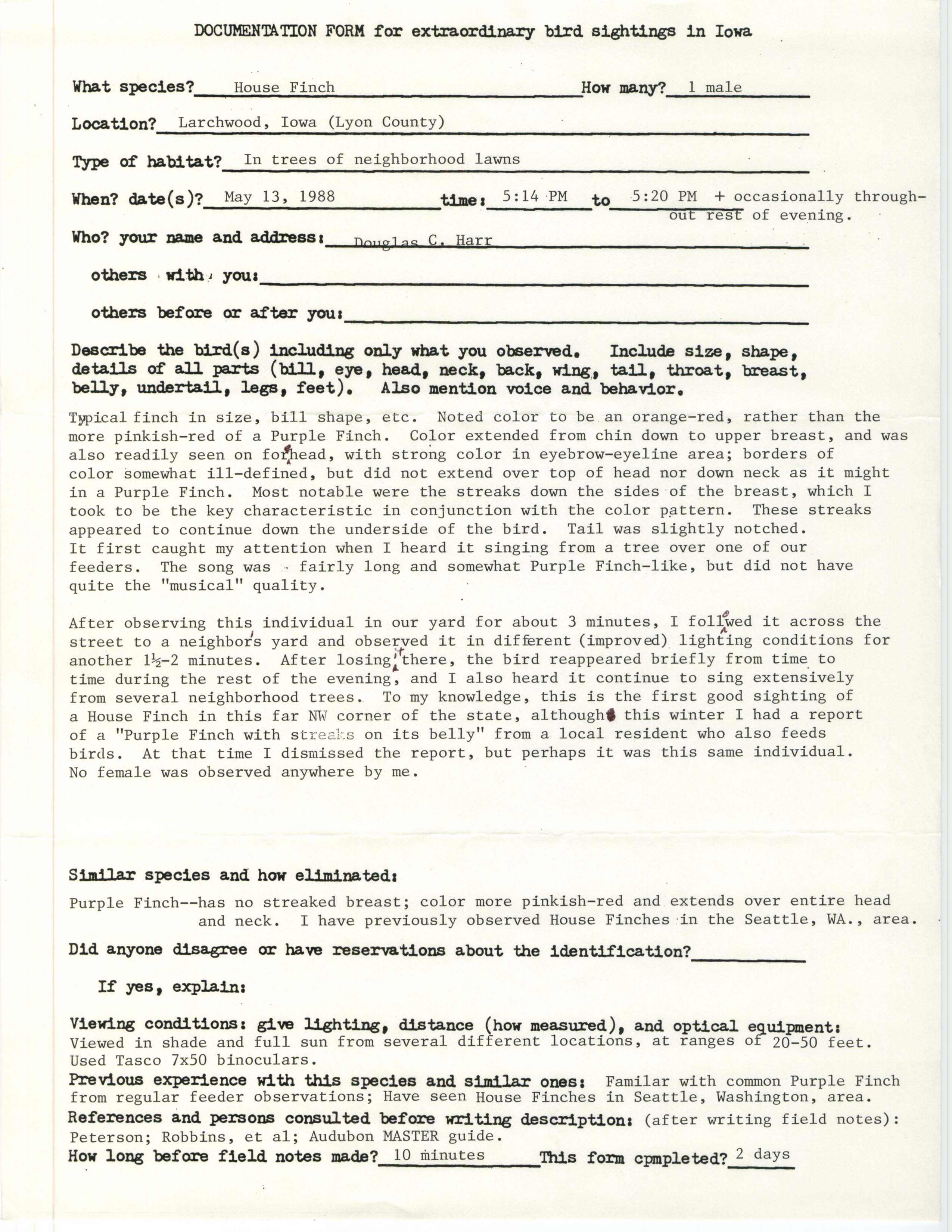 Rare bird documentation form for House Finch at Larchwood, 1988