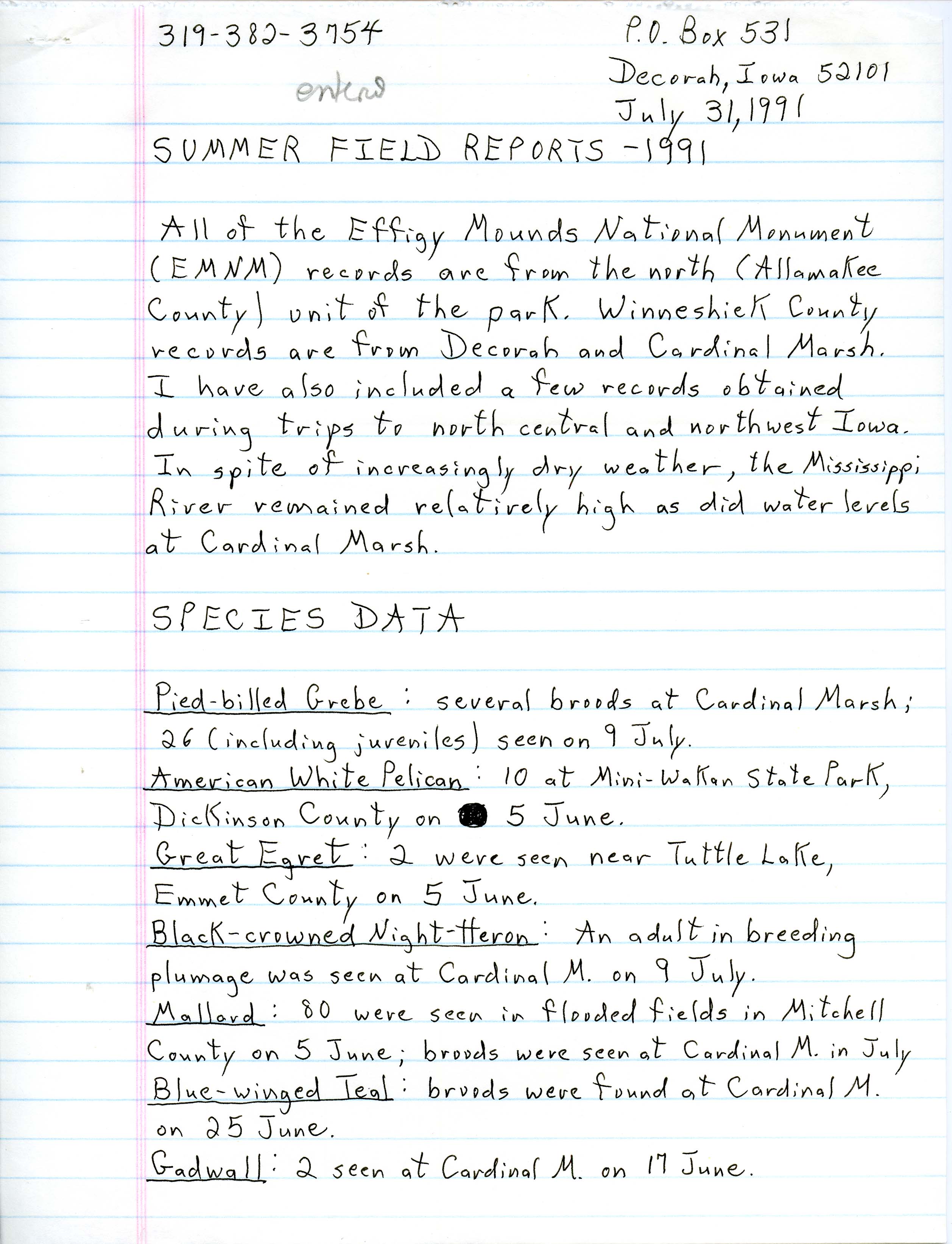 Field notes contributed by Dennis L. Carter, July 31, 1991