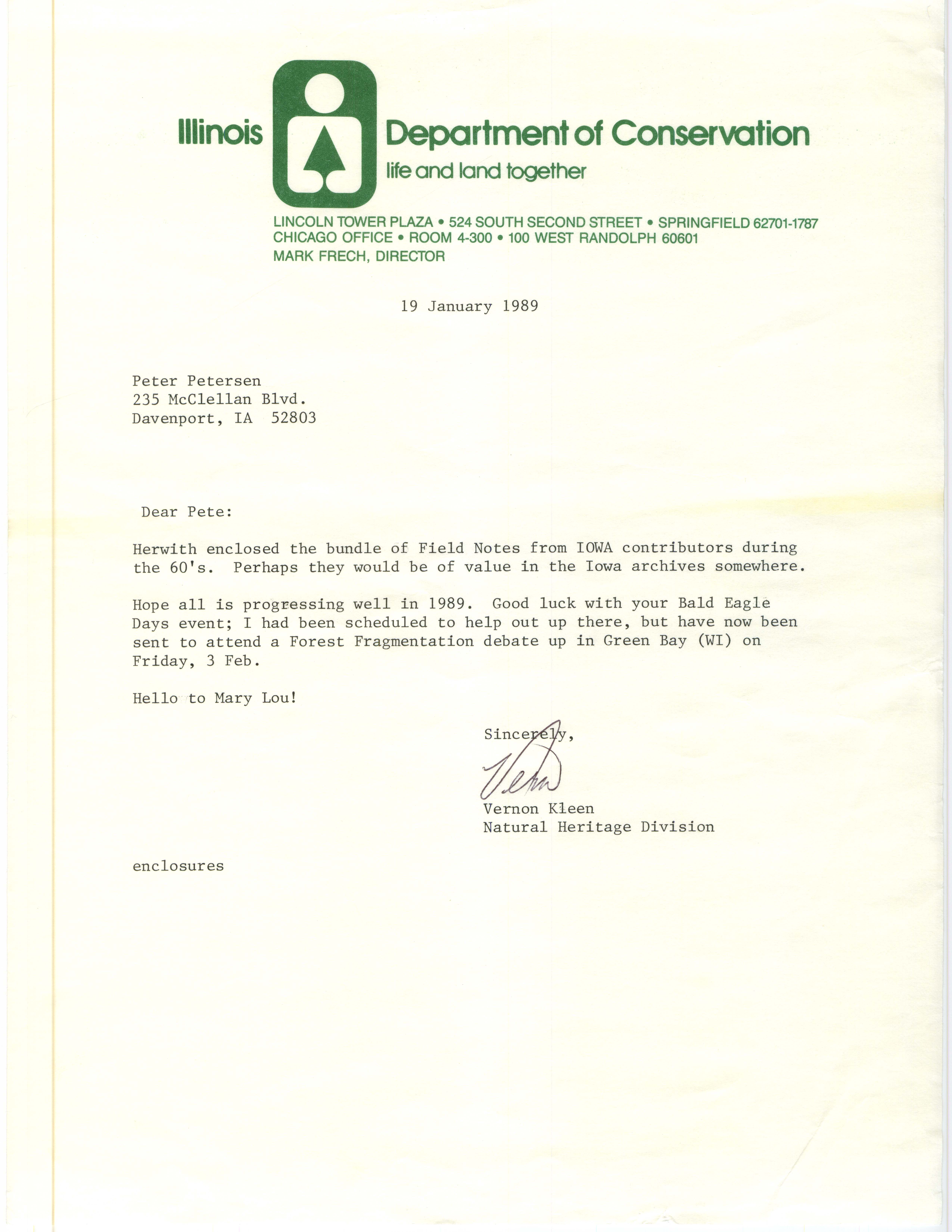 Vernon M. Kleen letter to Peter C. Petersen regarding field notes from the 1960s, January 19, 1989