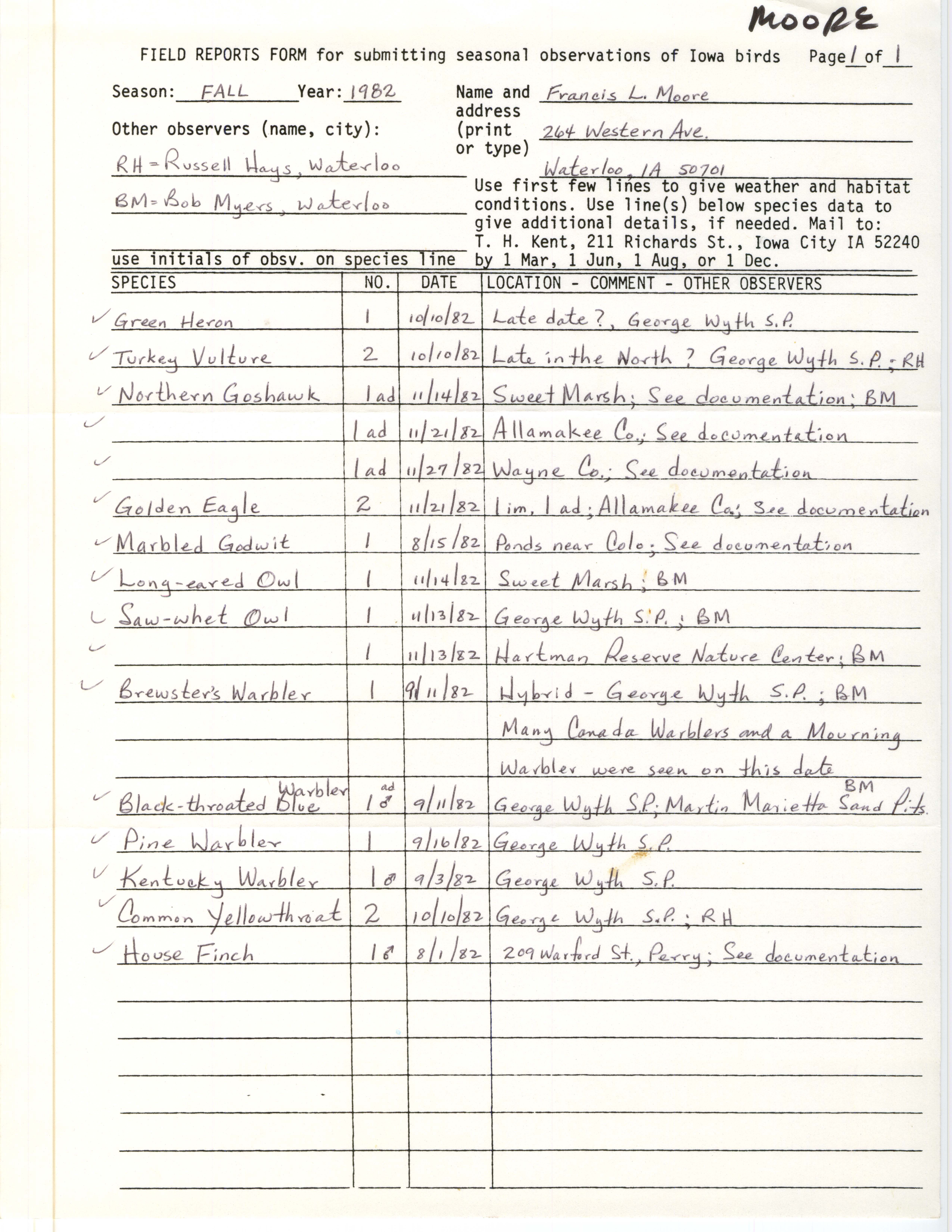 Field notes contributed by Francis L. Moore, fall 1982