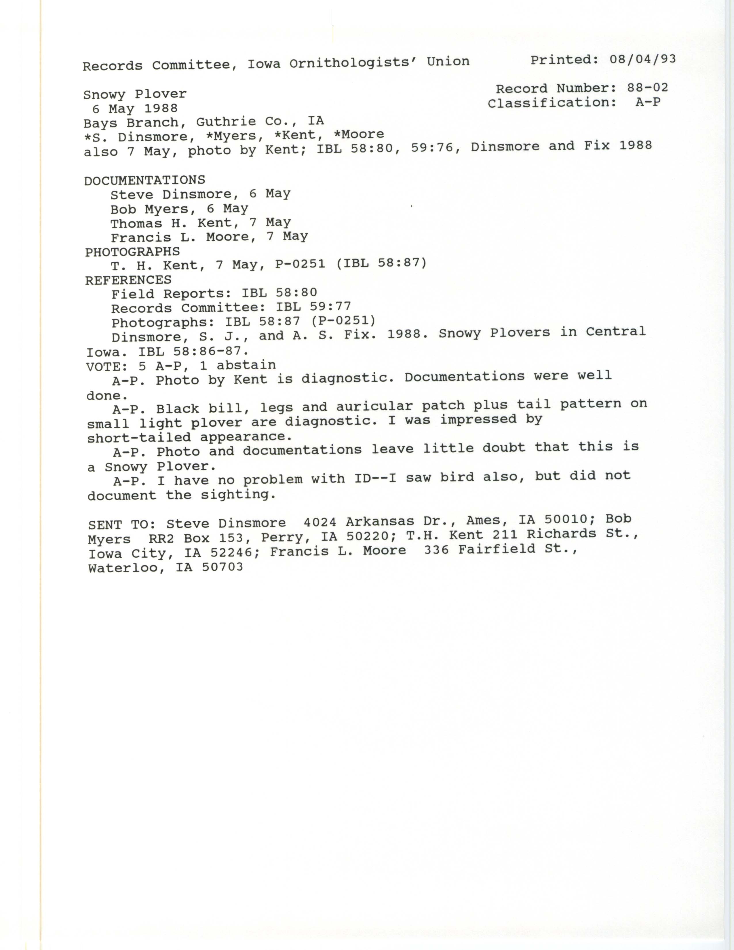 Records Committee review for rare bird sighting of Snowy Plover at Bays Branch, 1988