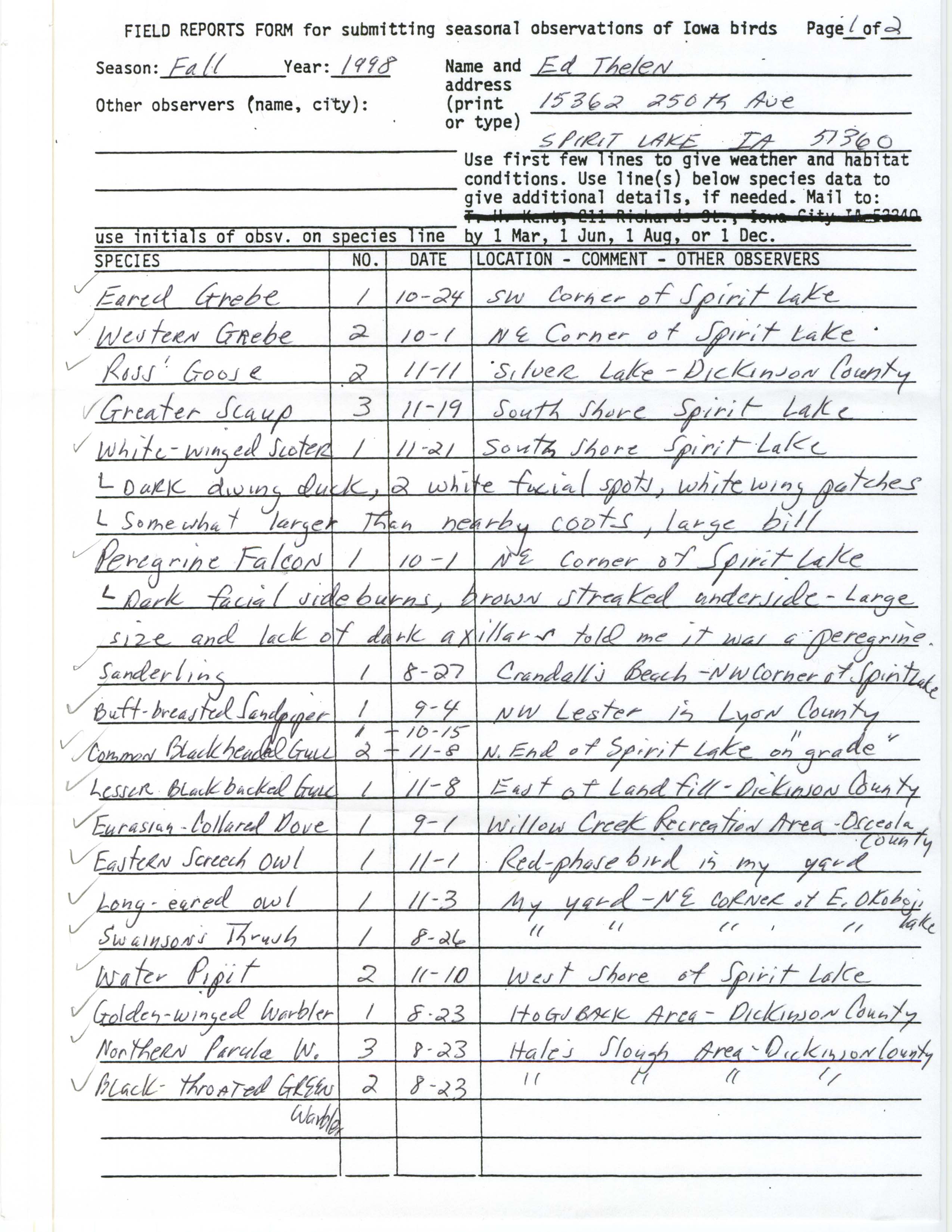 Field reports form for submitting seasonal observations of Iowa birds, Ed Thelen, fall 1998