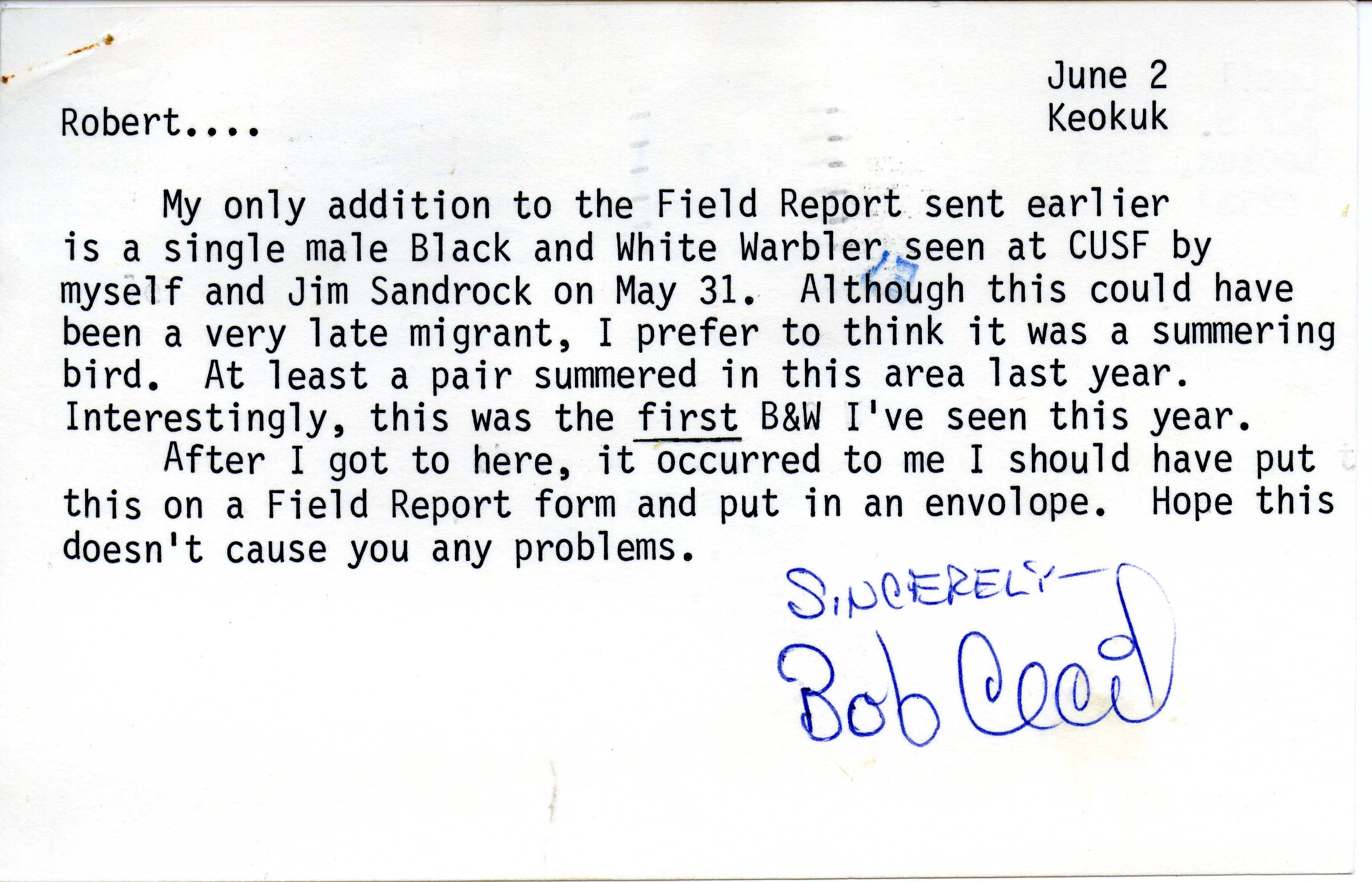 Robert Cecil letter to Robert Myers regarding Black and White Warbler sighting, June 2, 1986