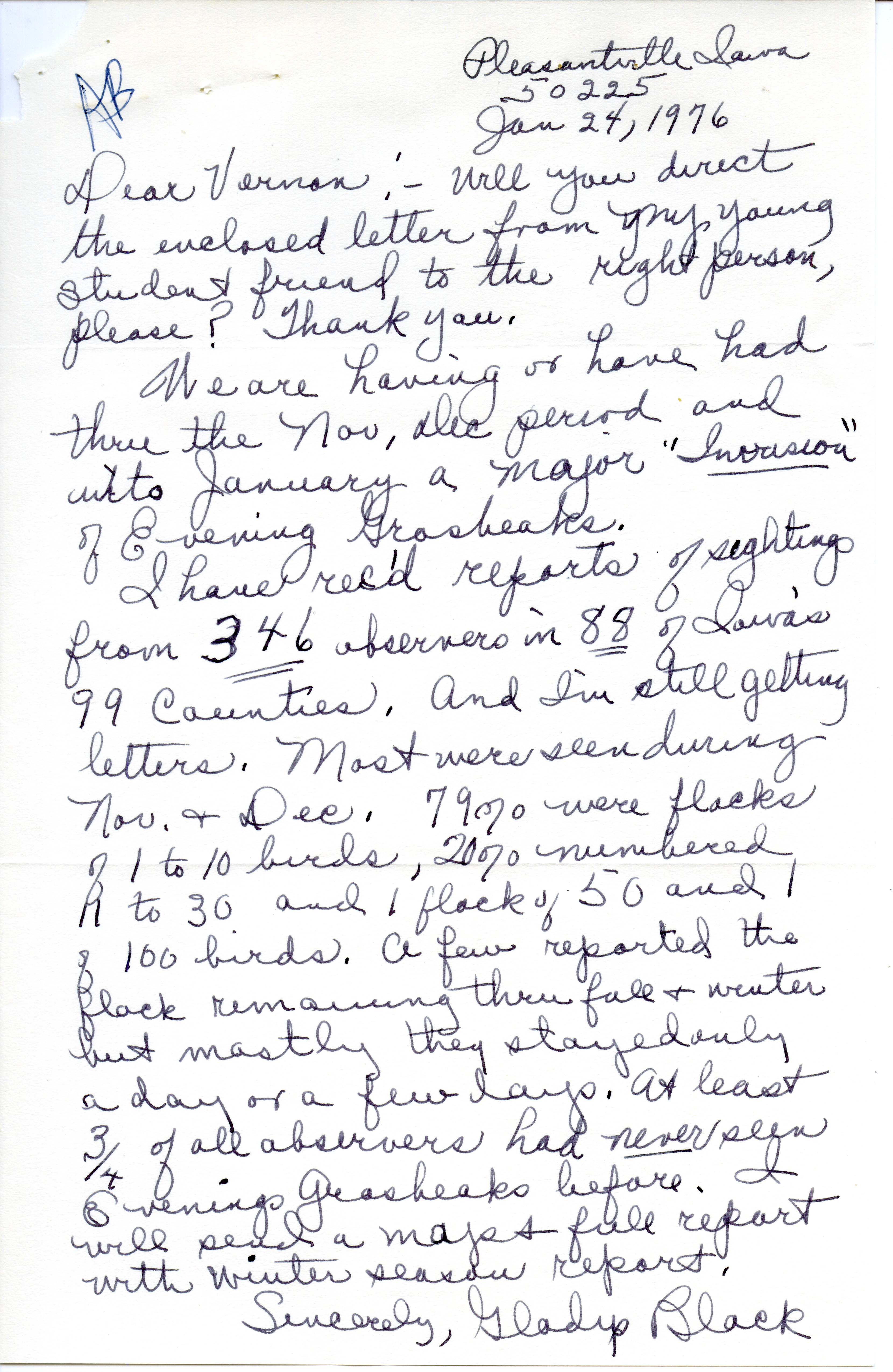 Gladys Black letter to Vernon Kleen regarding Evening Grosbeak invasion, January 24, 1976