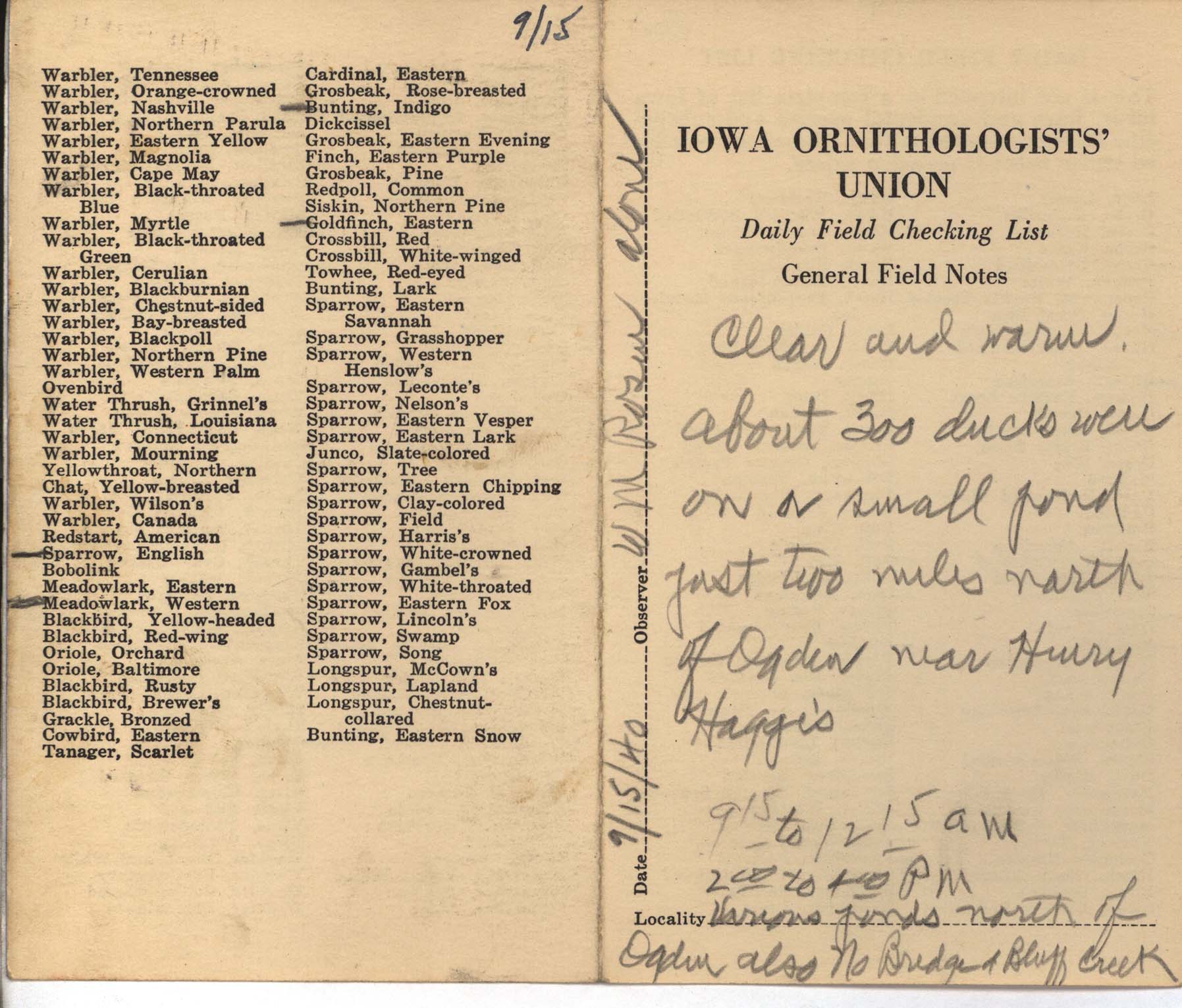 Daily field checking list by Walter Rosene, September 15, 1940