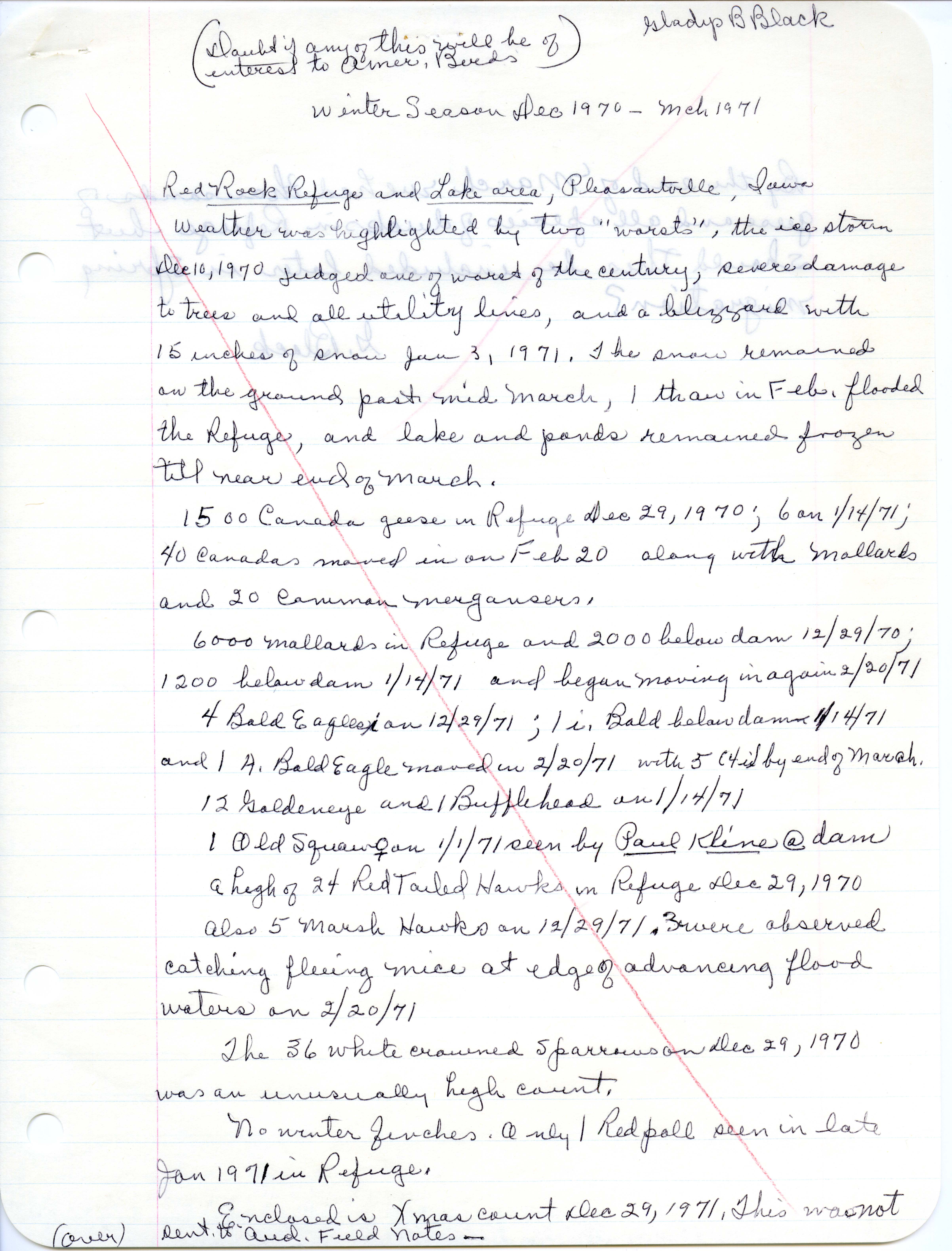 Report from Red Rock Refuge and Lake area, Pleasantville, Iowa, winter season, December 1970-March 1971