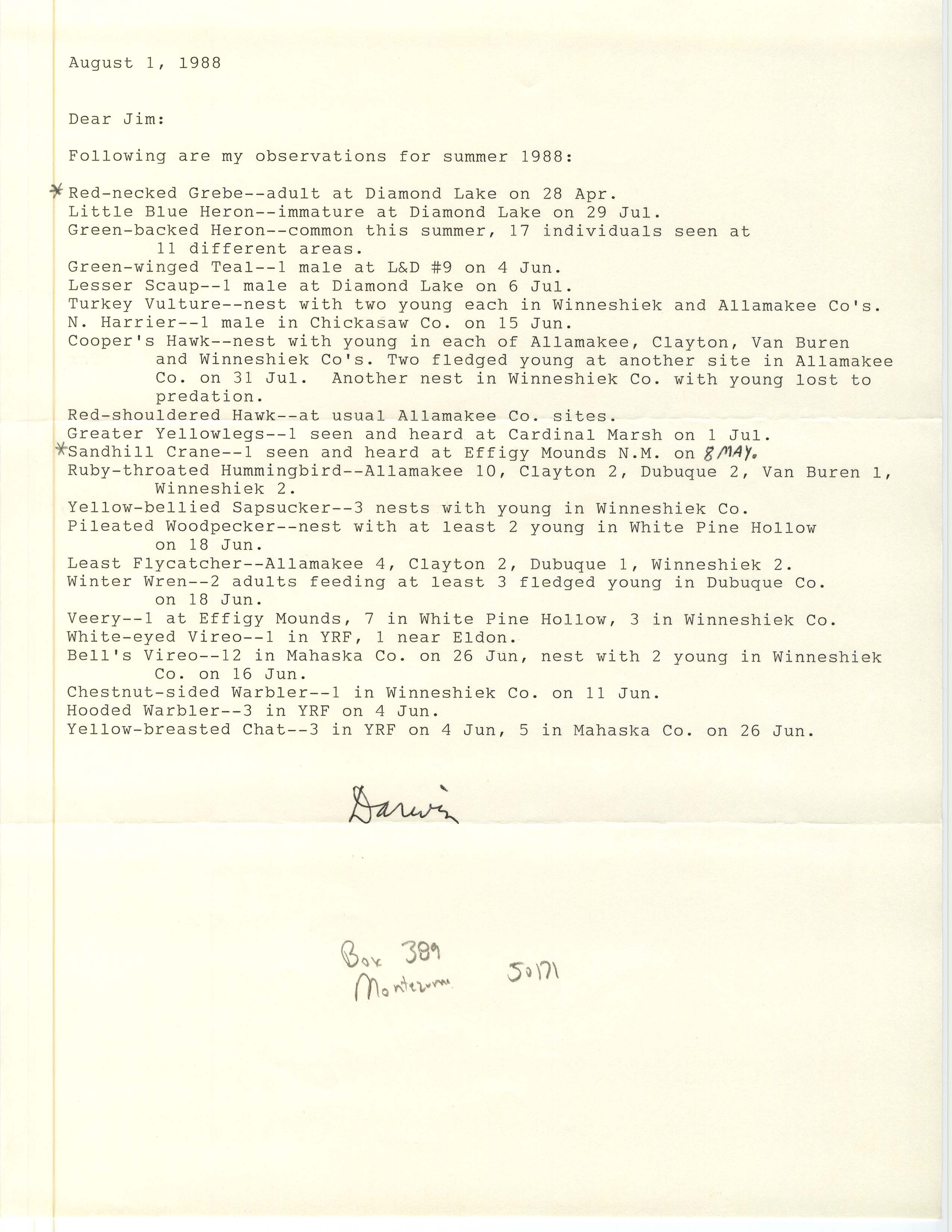 Darwin Koenig letter to James J. Dinsmore regarding bird sightings, August 1, 1988