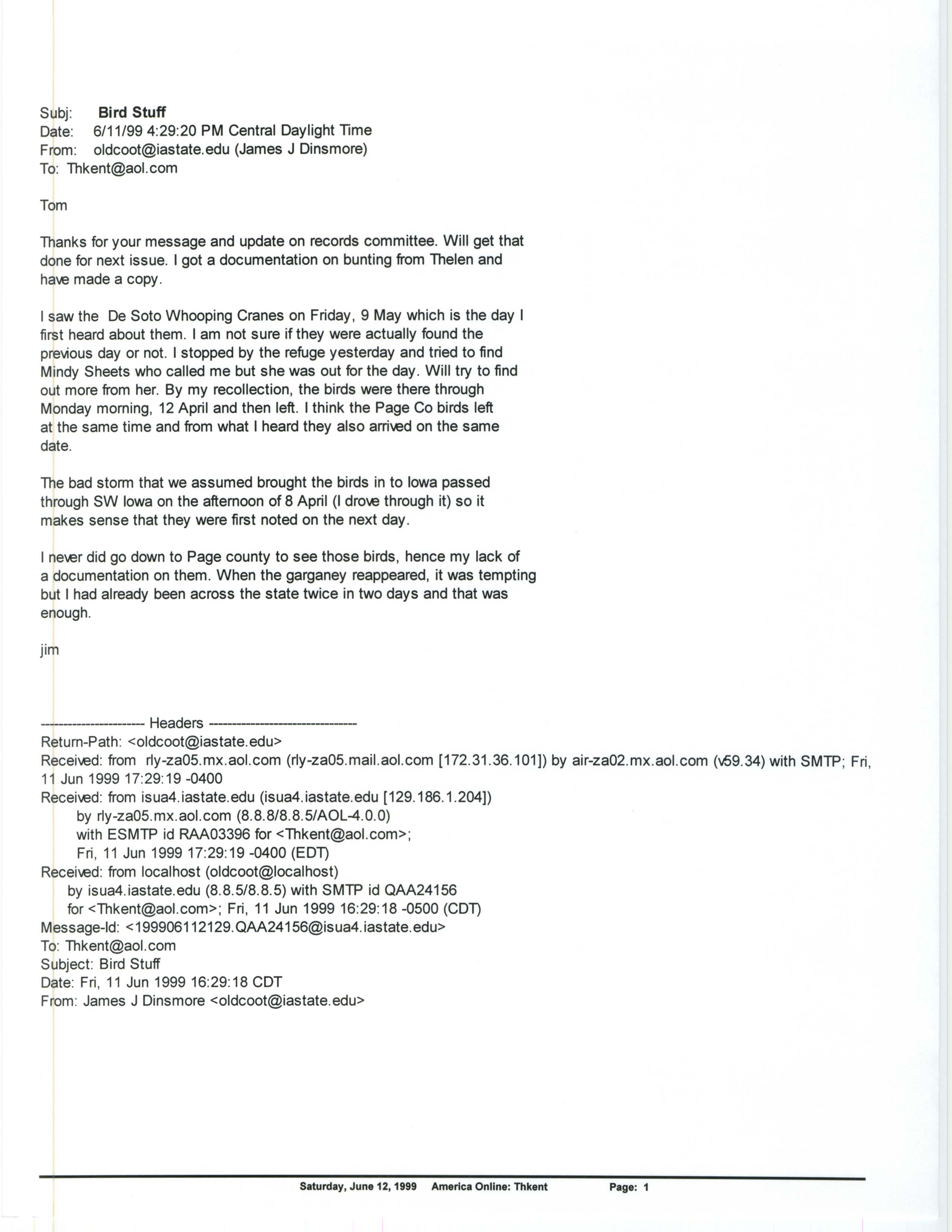 Jim Dinsmore email to Thomas Kent regarding Whooping Cranes, June 11, 1999