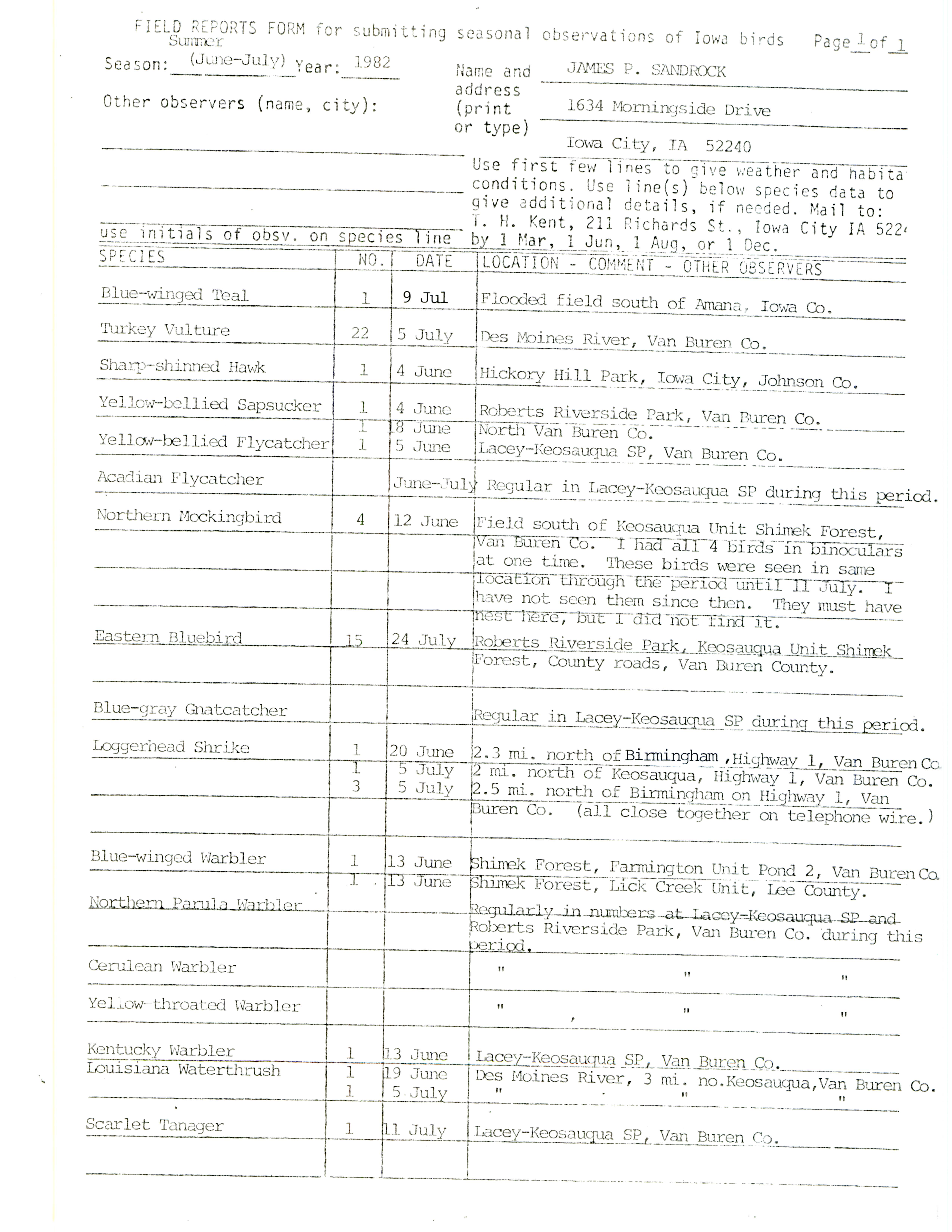 Field report submitted by James P. Sandrock, June-July 1982