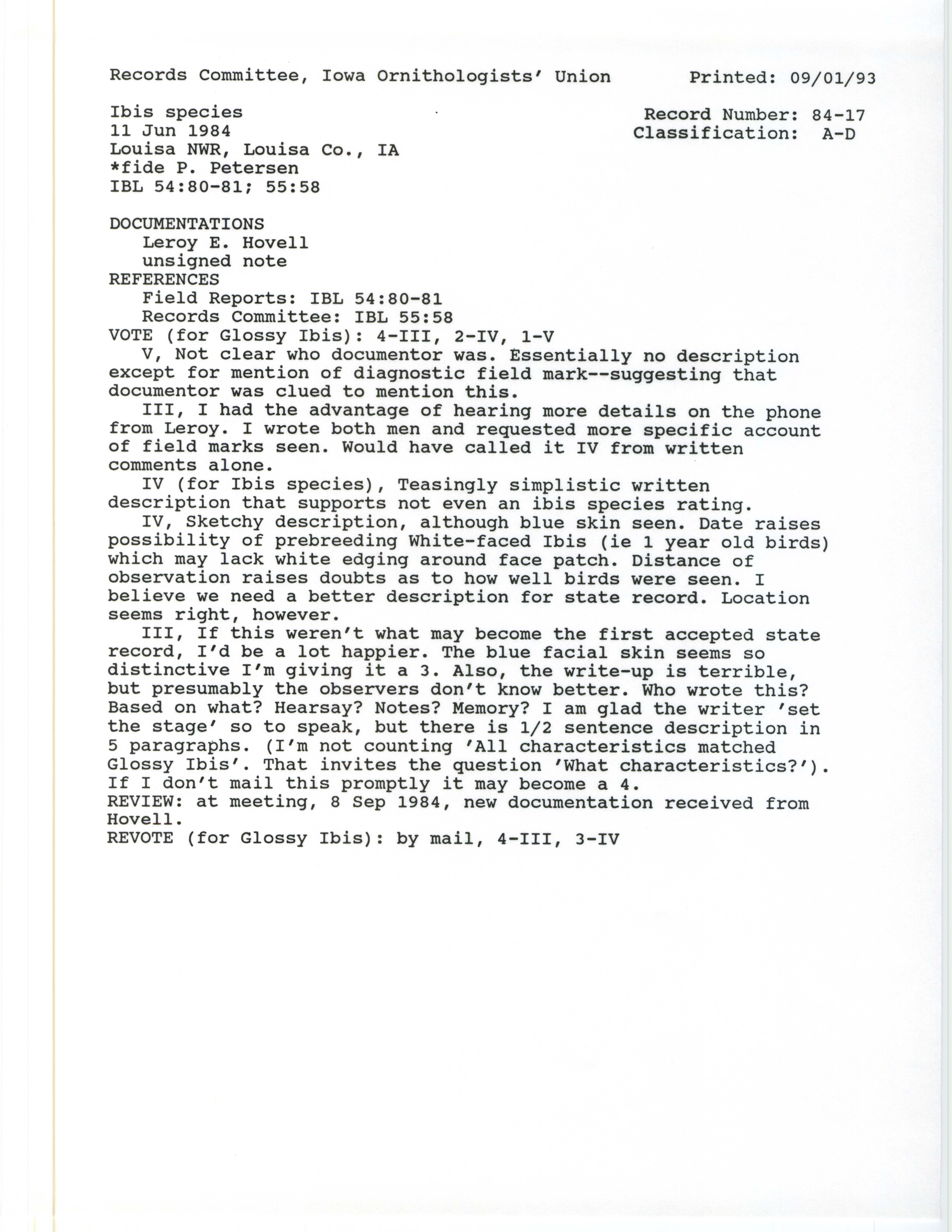 Records Committee review for rare bird sighting of Ibis species at Louisa National Wildlife Refuge, 1984