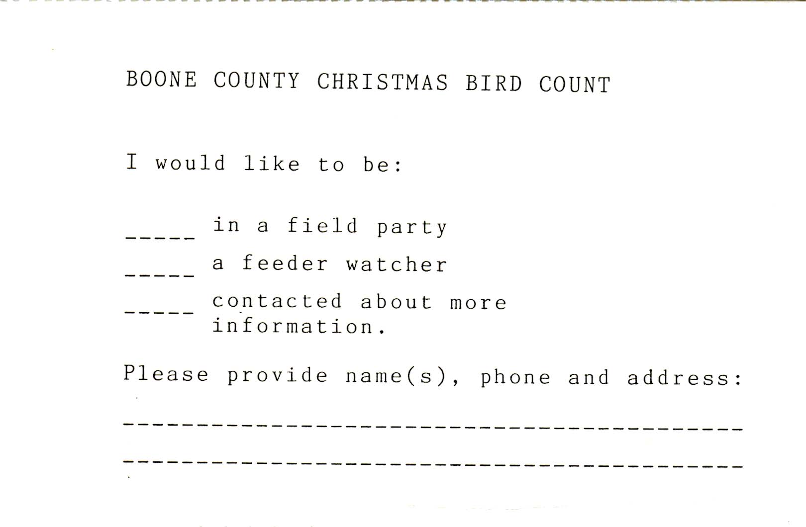 Erik Munson letter to the members of Big Bluestem Audubon Society regarding the Boone County Christmas Bird Count