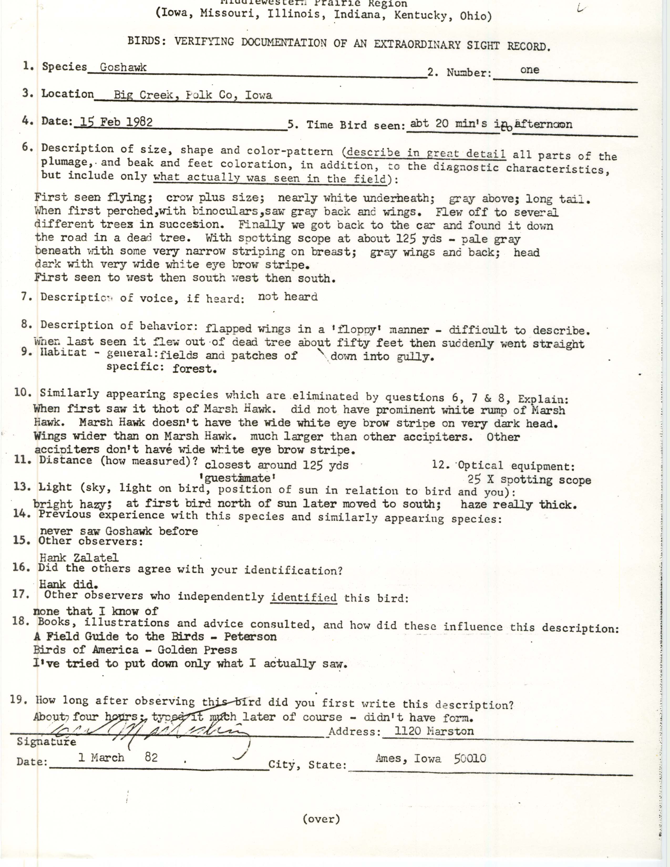 Rare bird documentation form for Northern Goshawk at Big Creek, 1982