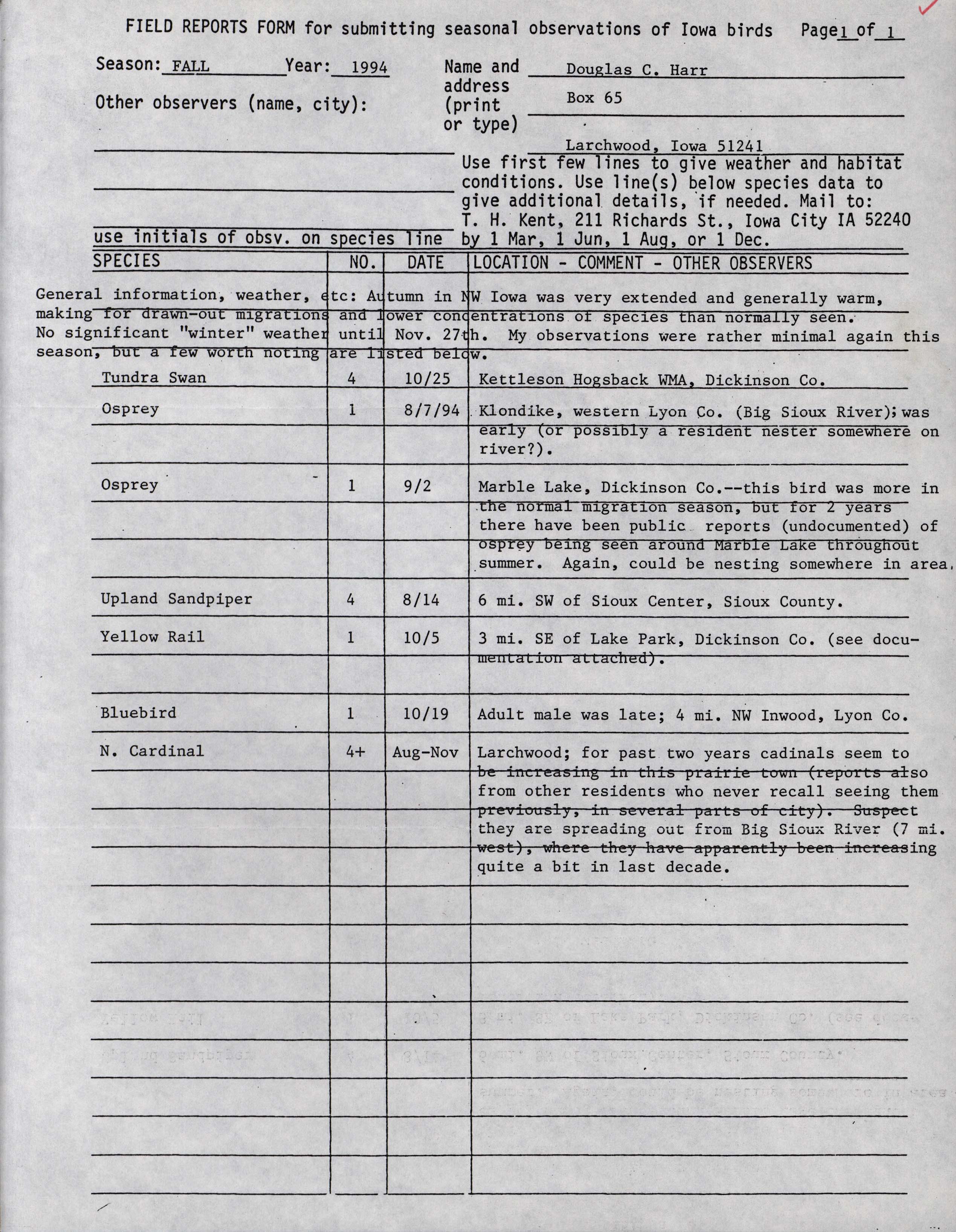 Field reports form for submitting seasonal observations of Iowa birds, Douglas Harr, fall 1994