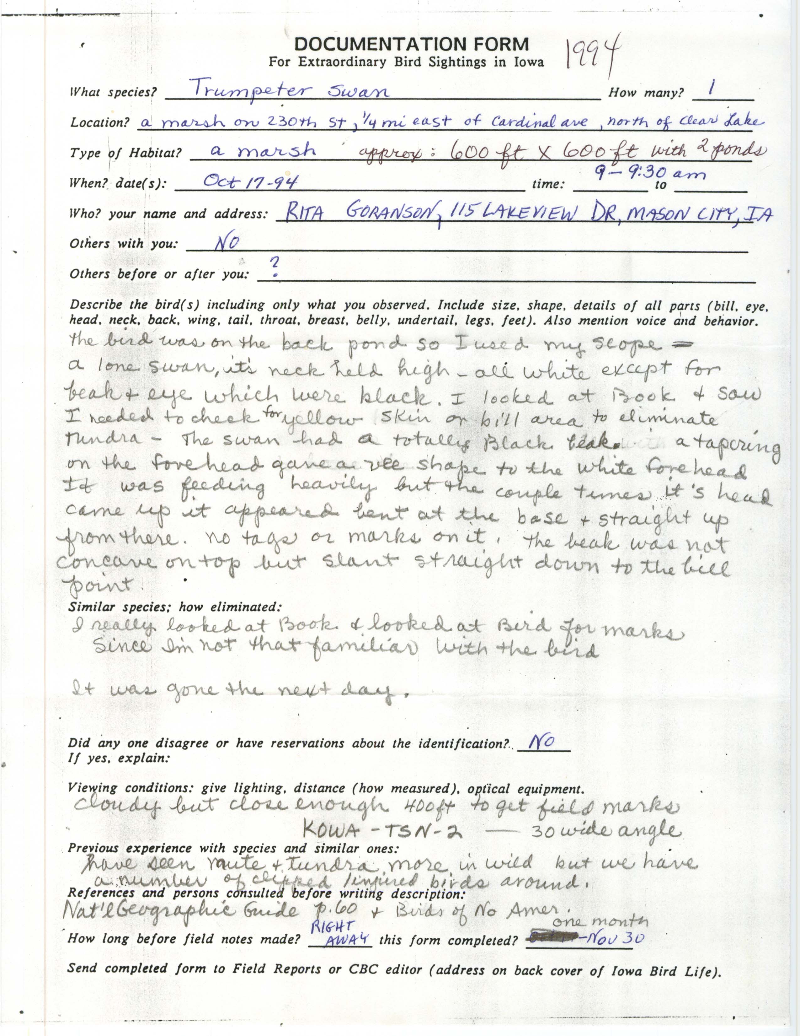 Rare bird documentation form for Trumpeter Swan at Clear Lake, 1994